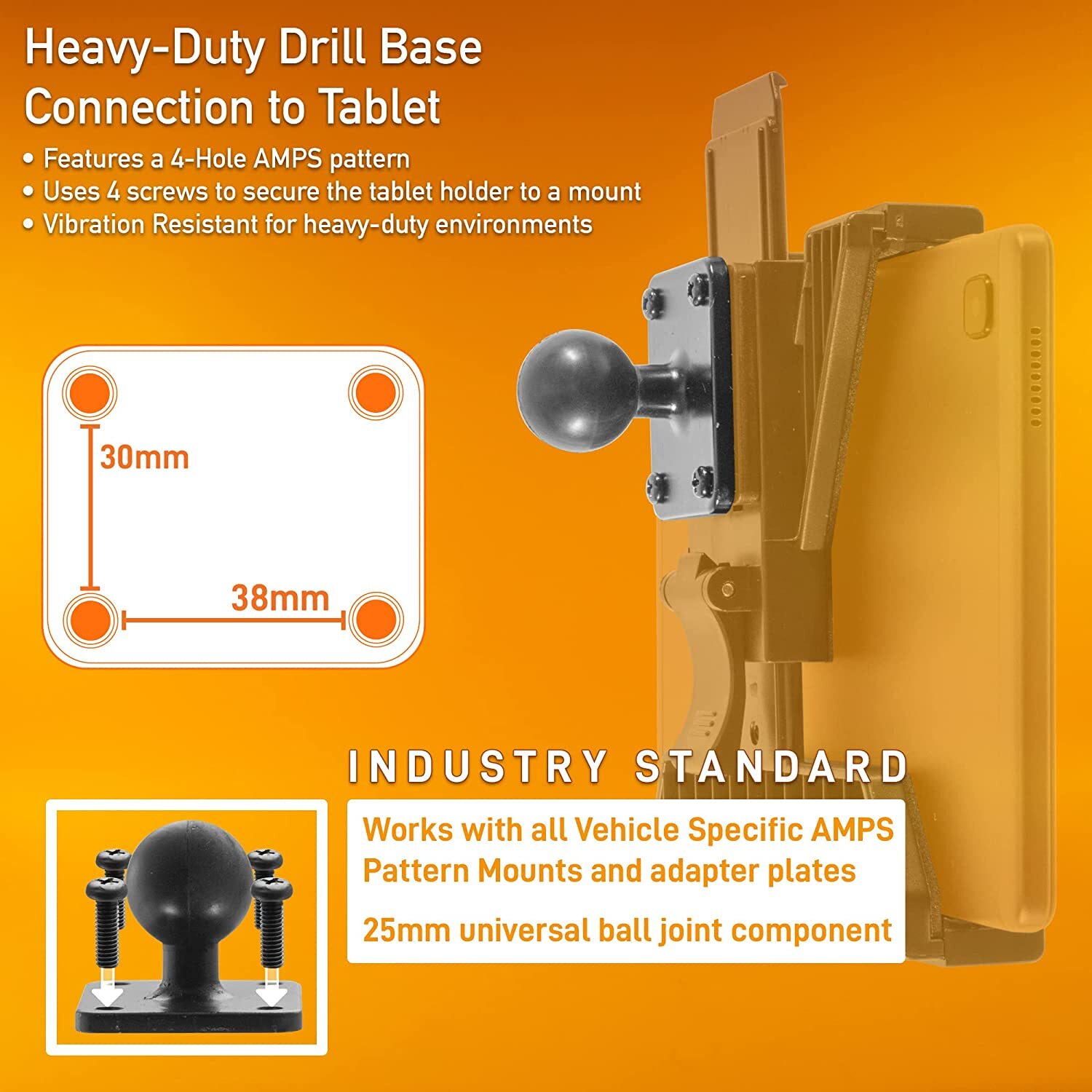iBOLT TabDock DynaMount 360 AMPS w/ 6” Arm Drill Base Mount for 7-10" Tablets
