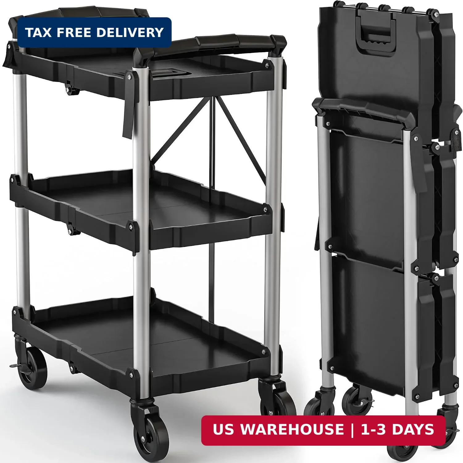 DWVO 3-Tier Foldable Service Cart with Swivel Wheels & Brake, 240LBS | Folding U