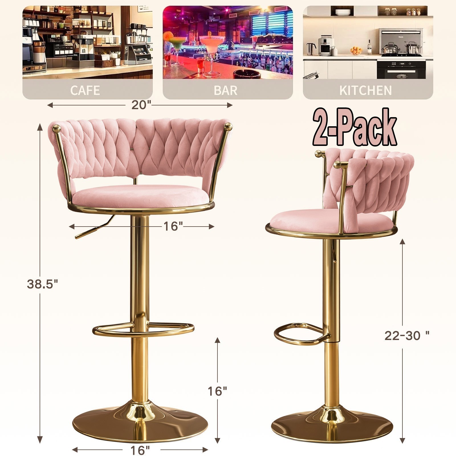 Swivel Counter Height Bar Stools Set of 2, 24-32'' Velvet Comfortable,24h Ships