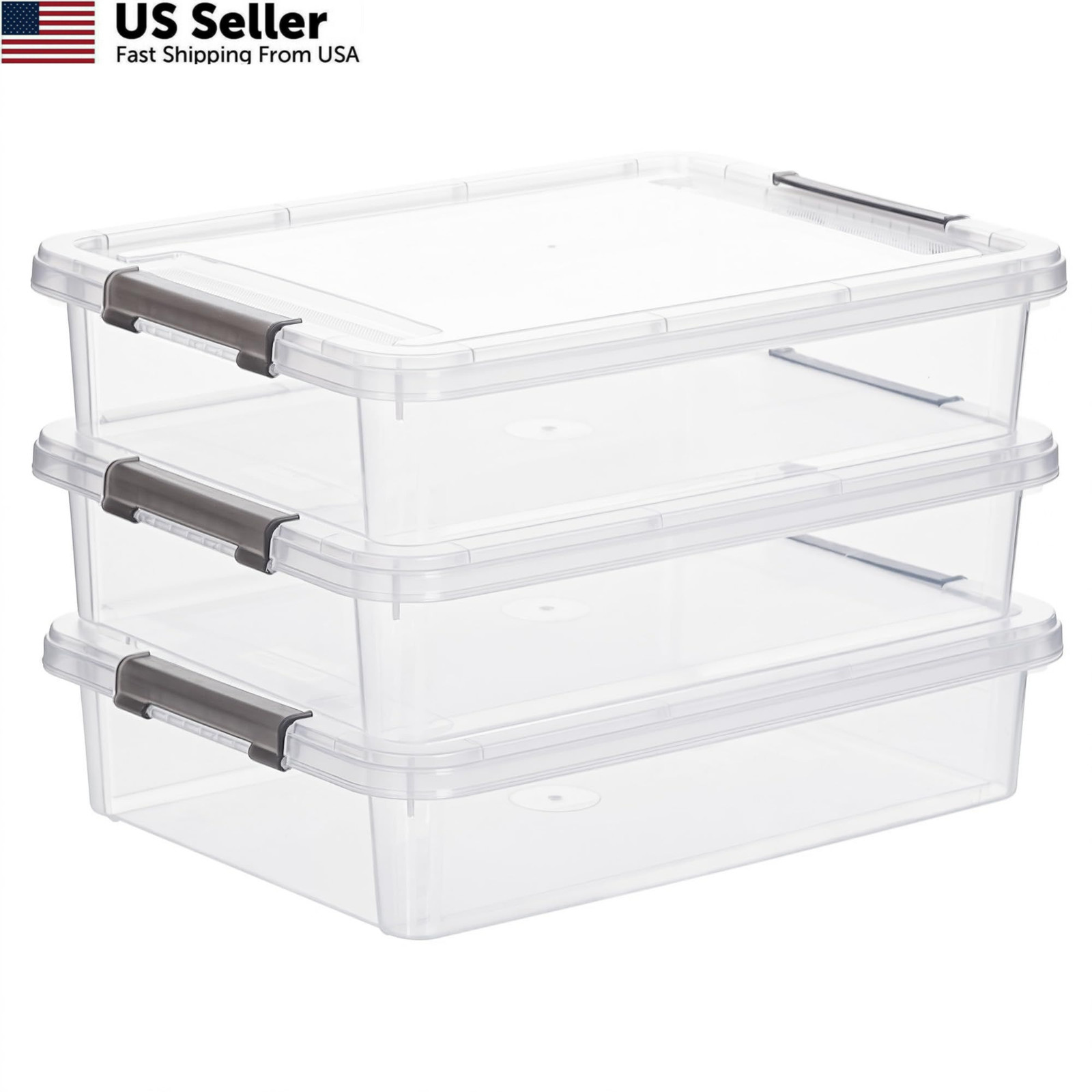 Citylife 3 PCS Plastic Storage Bins with Latching Lids Portable 5QT, White