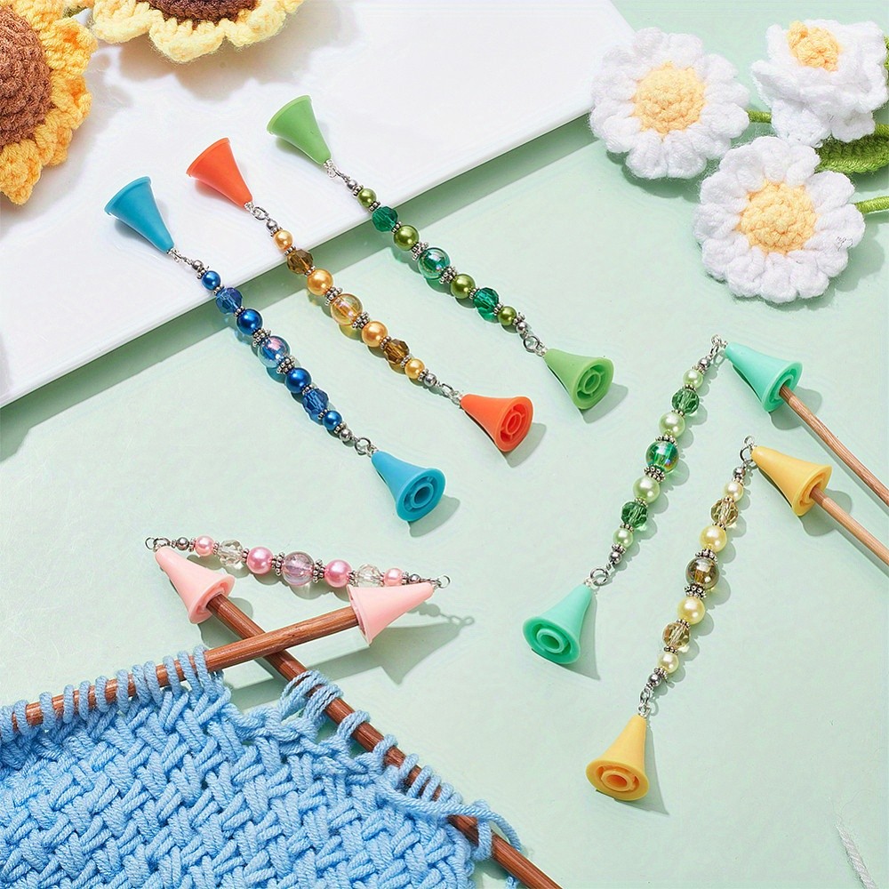 1set 6pcs Silicone Knitting Needle Point Protectors Chains with Glass