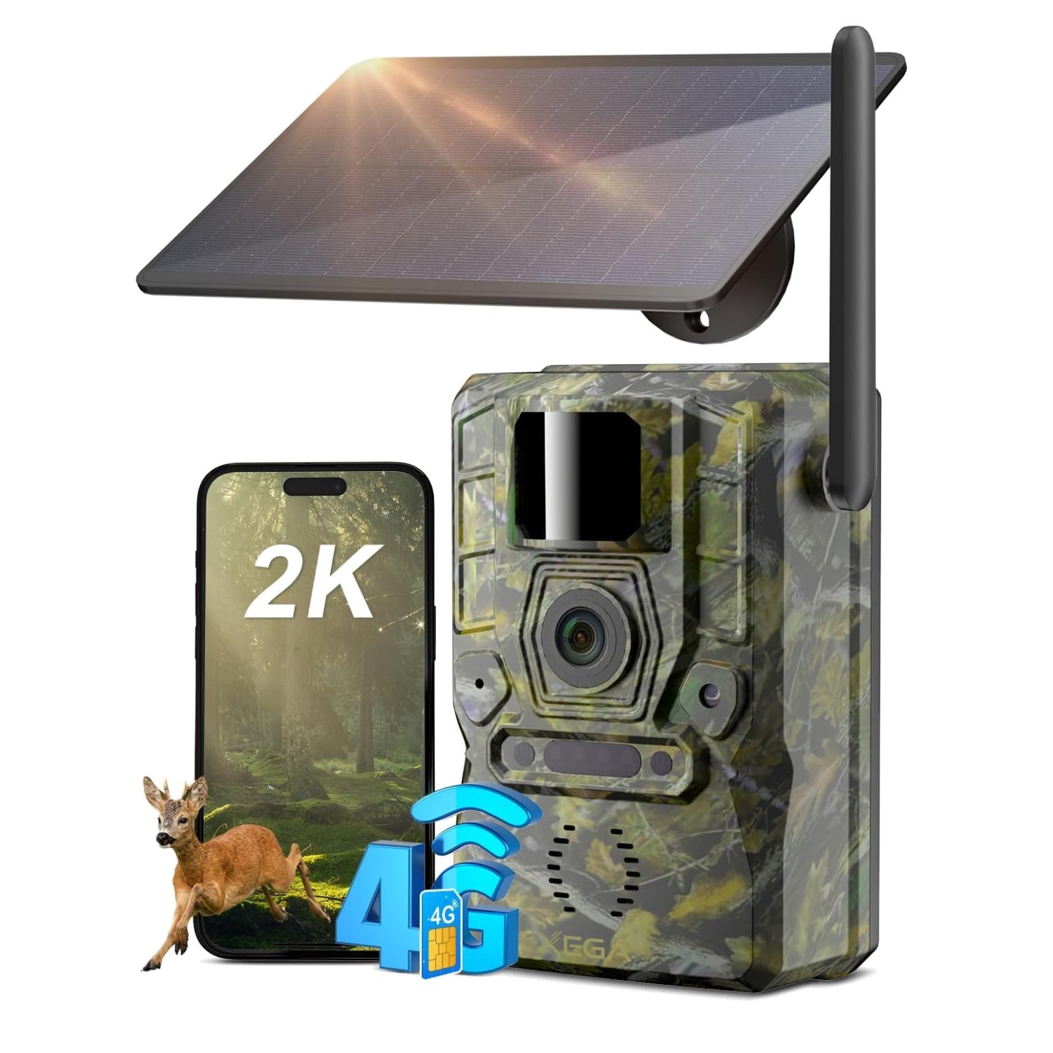 4G Solar Cellular Trail Camera - 2K HD, No Glow Night Vision, 7800mAh Battery