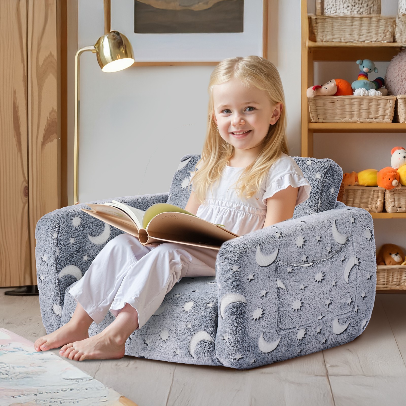 VEVOR 2-in-1 Kid Sofa Foldable Toddler Couch w/ Armrests Glow in the Dark M Gray
