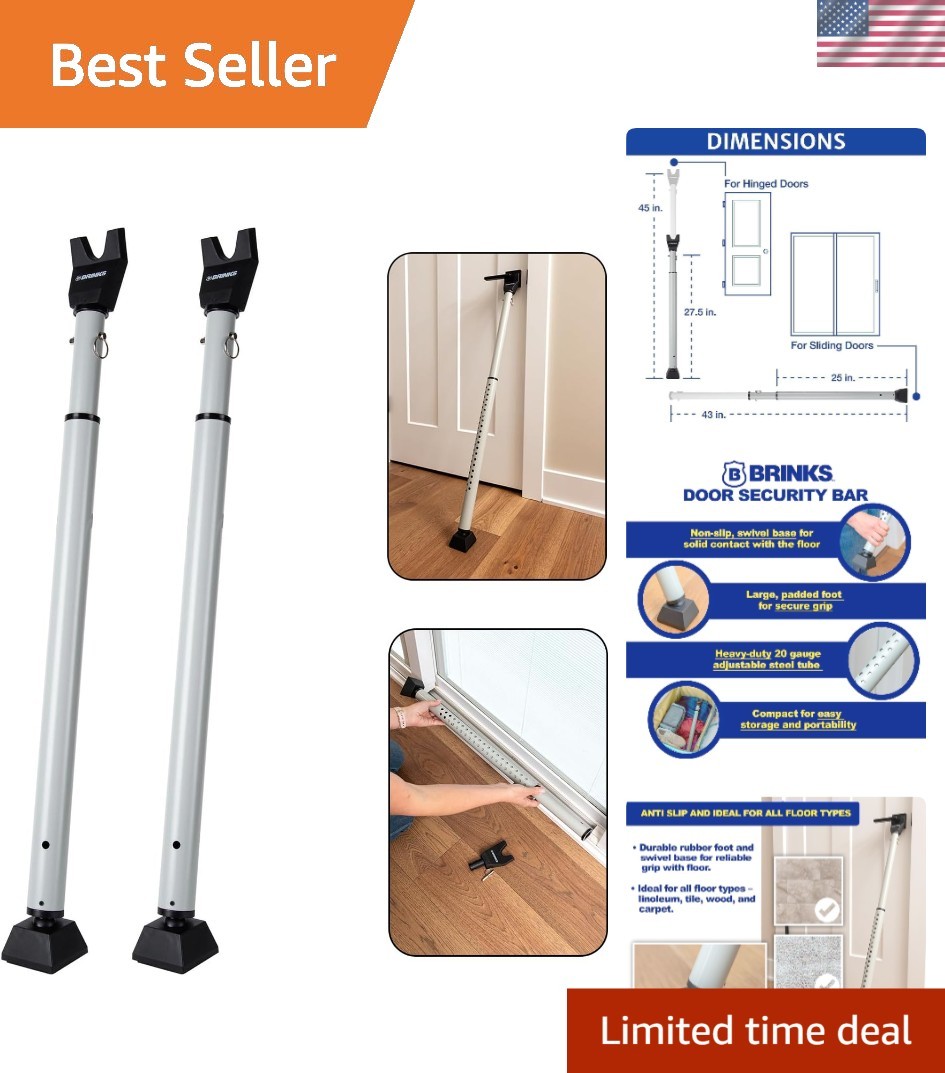 Heavy-Duty Door Security Bar - Adjustable from 25 to 43 Inches - Silver - 2 Pack