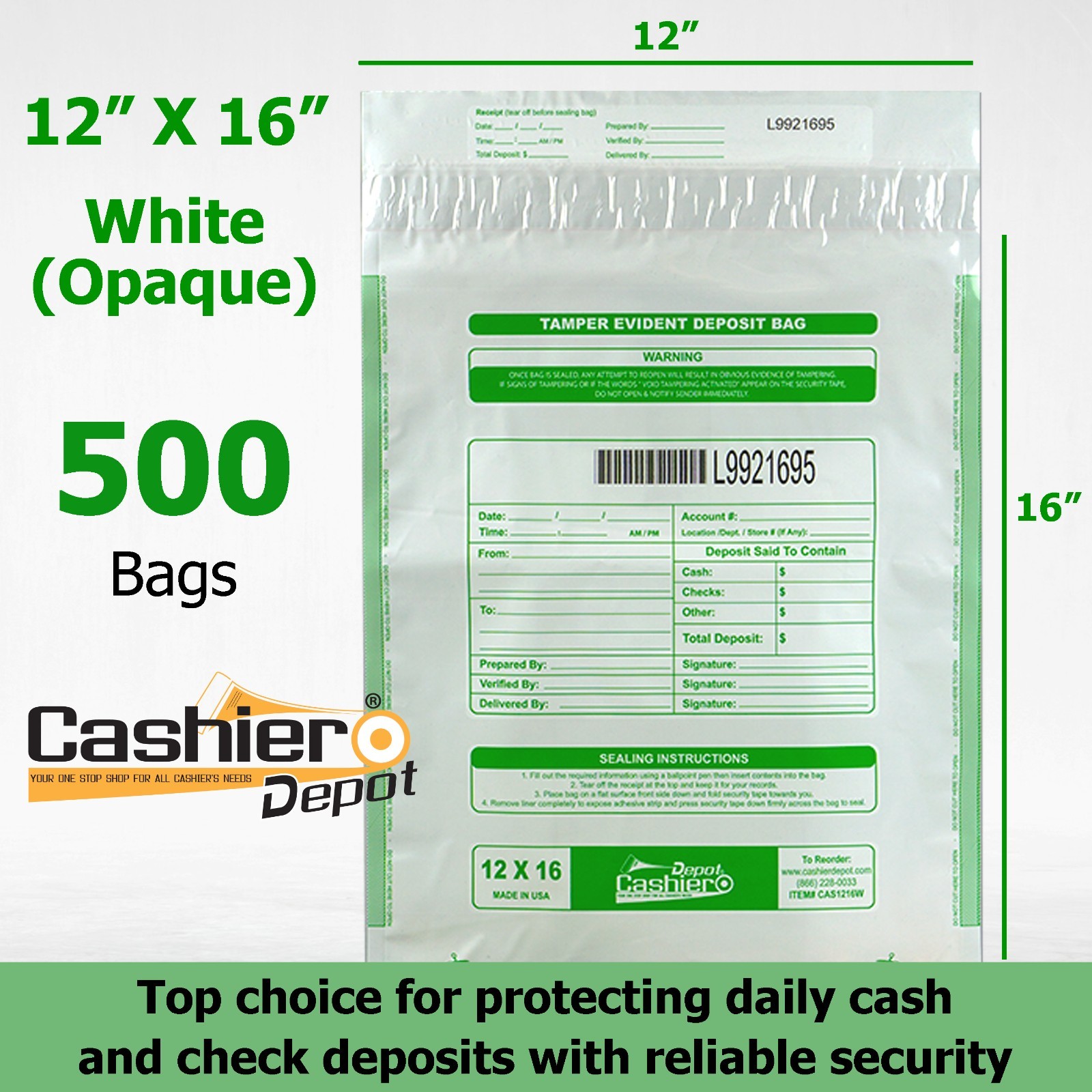 500 Tamper Evident Bank Deposit Bags, 12" x 16" White Opaque, Made in USA
