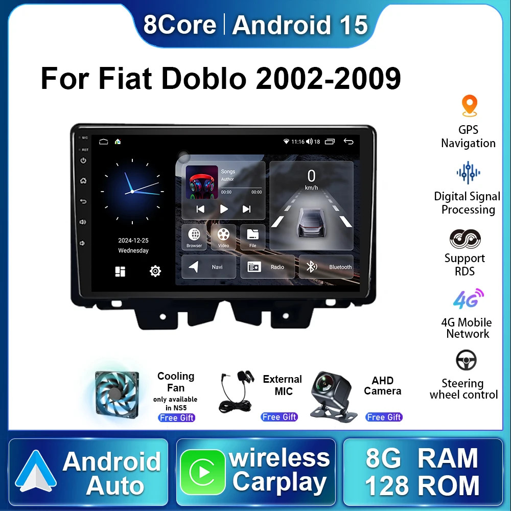 For Fiat Doblo 2002-2009 Android Auto Carplay Car Radio GPS Multimedia Screen BT