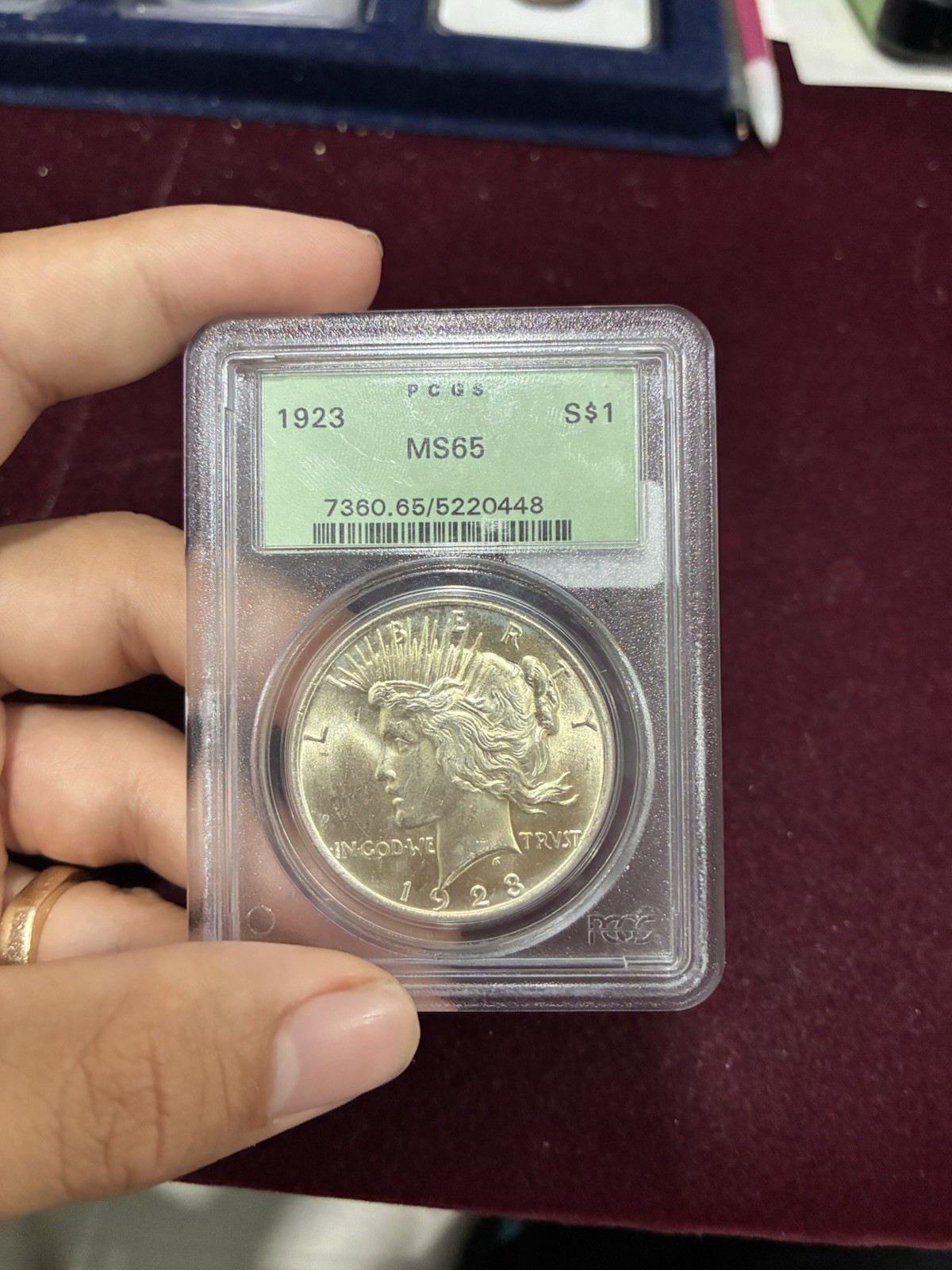 1923 Peace Silver Dollar PCGS MS65, Brilliant Uncirculated+ OGH Slab, PQ+, TONER