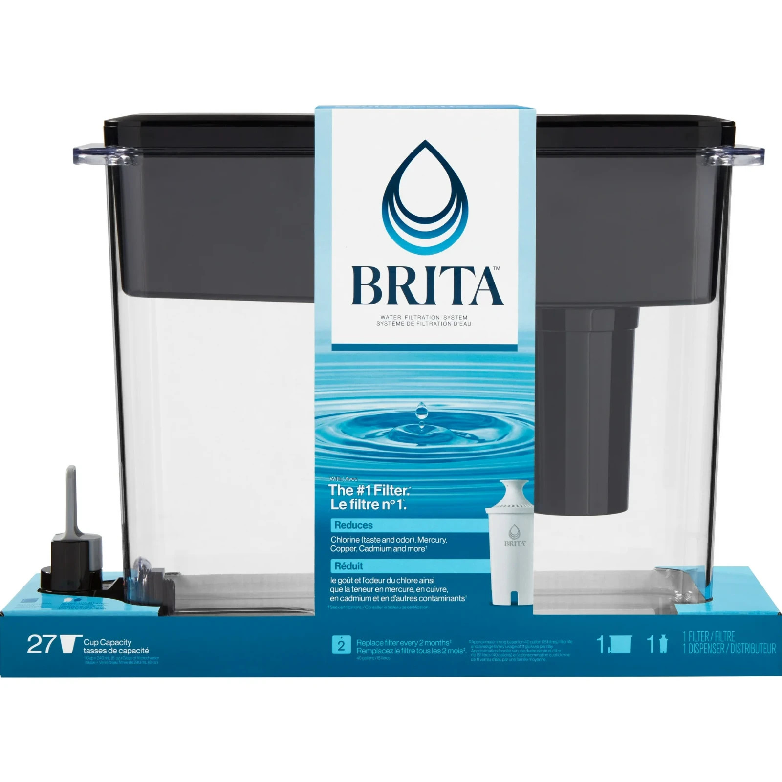 Brita Extra Large Ultramax 27 Cup Black Filtered Water Dispenser with 1 Standard