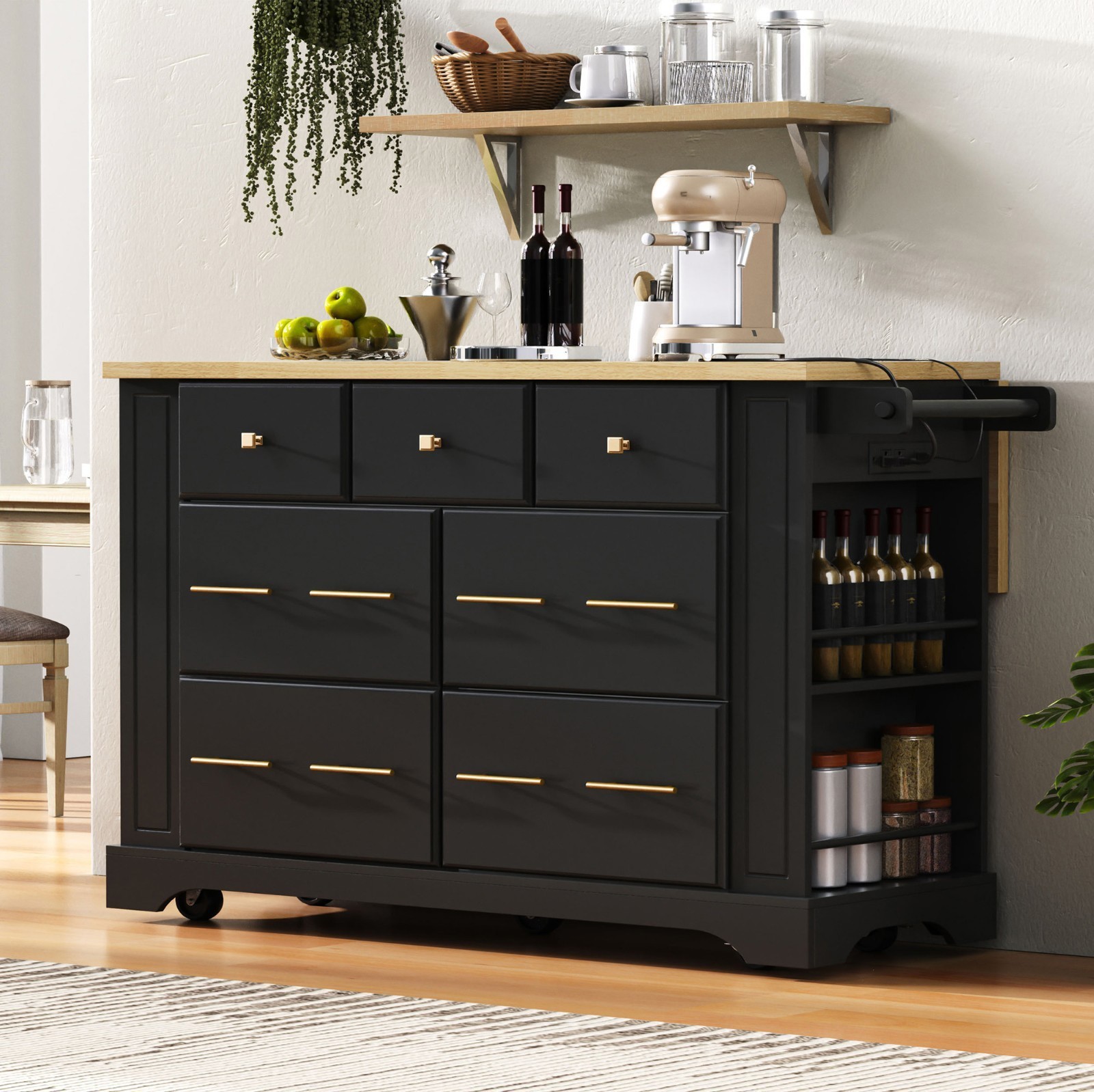 Kitchen Island w/6 Drawers, Pull Out Trash Can Storage, Rolling Kitchen Island