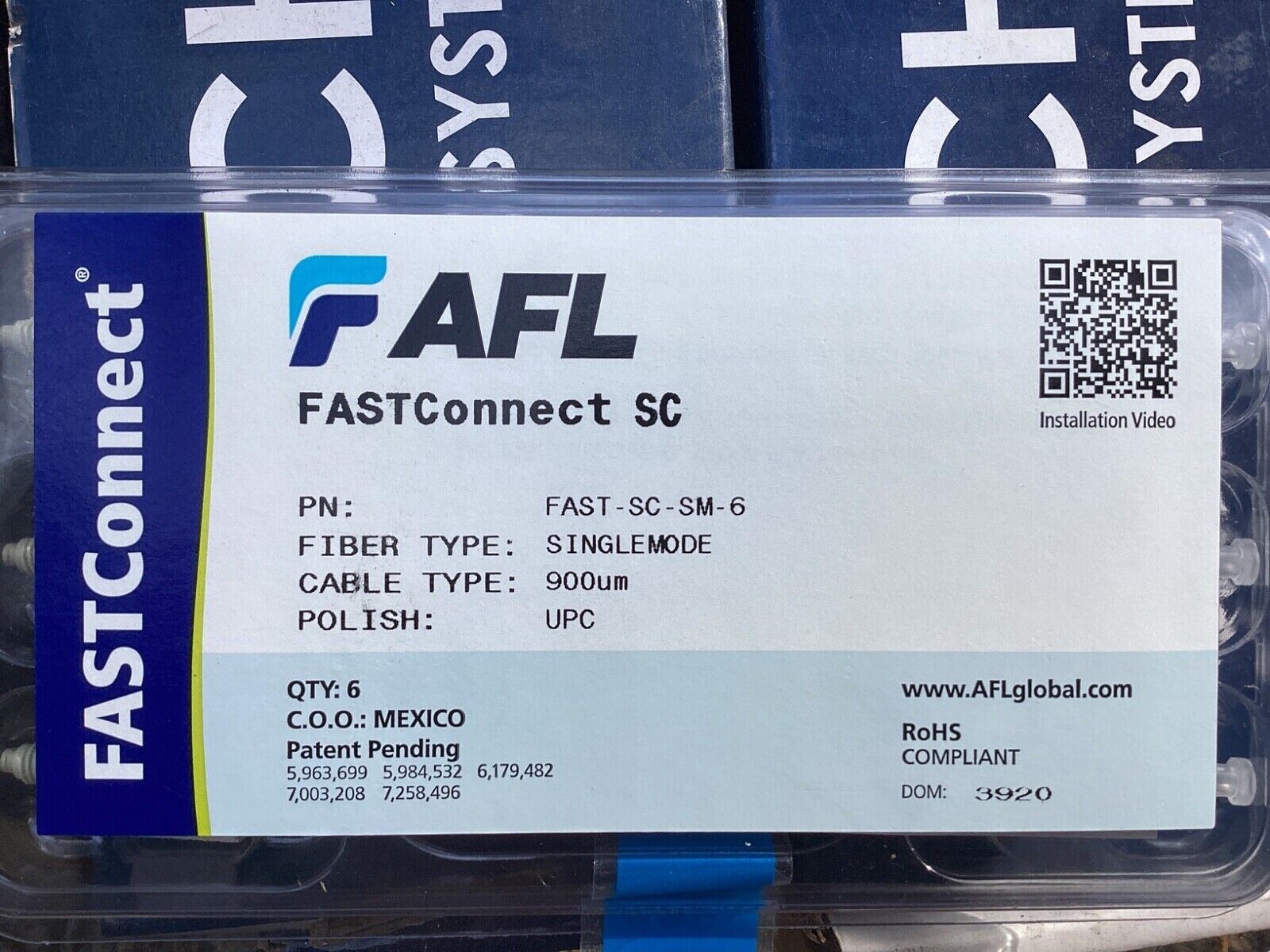 AFL FAST-SC-SM-6 FastConnect SC SM OS2 Fiber Optic Connector, 6-Pack
