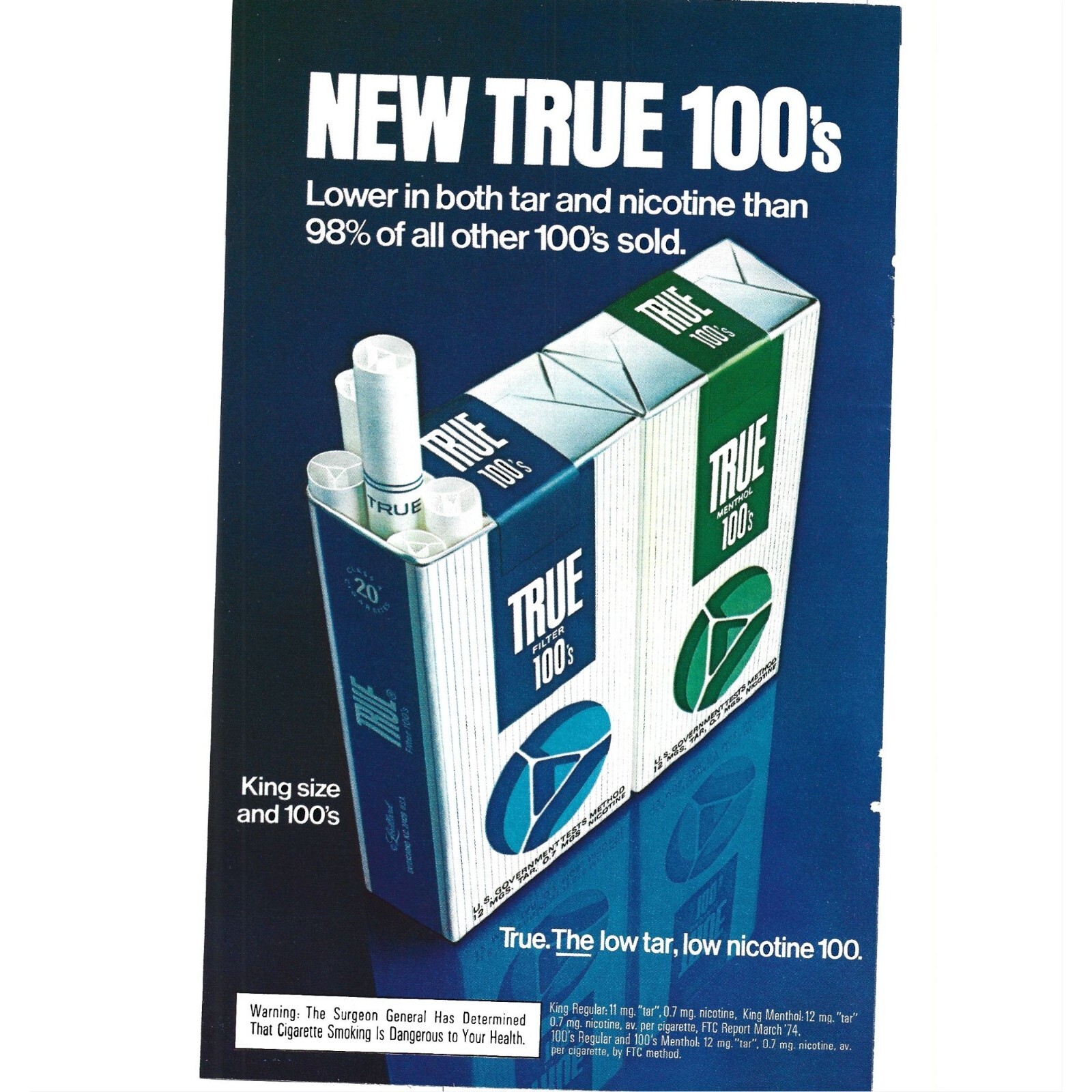 True 100 Cigarette Ad King Size 1970s Vintage Print Ad 9 inch N