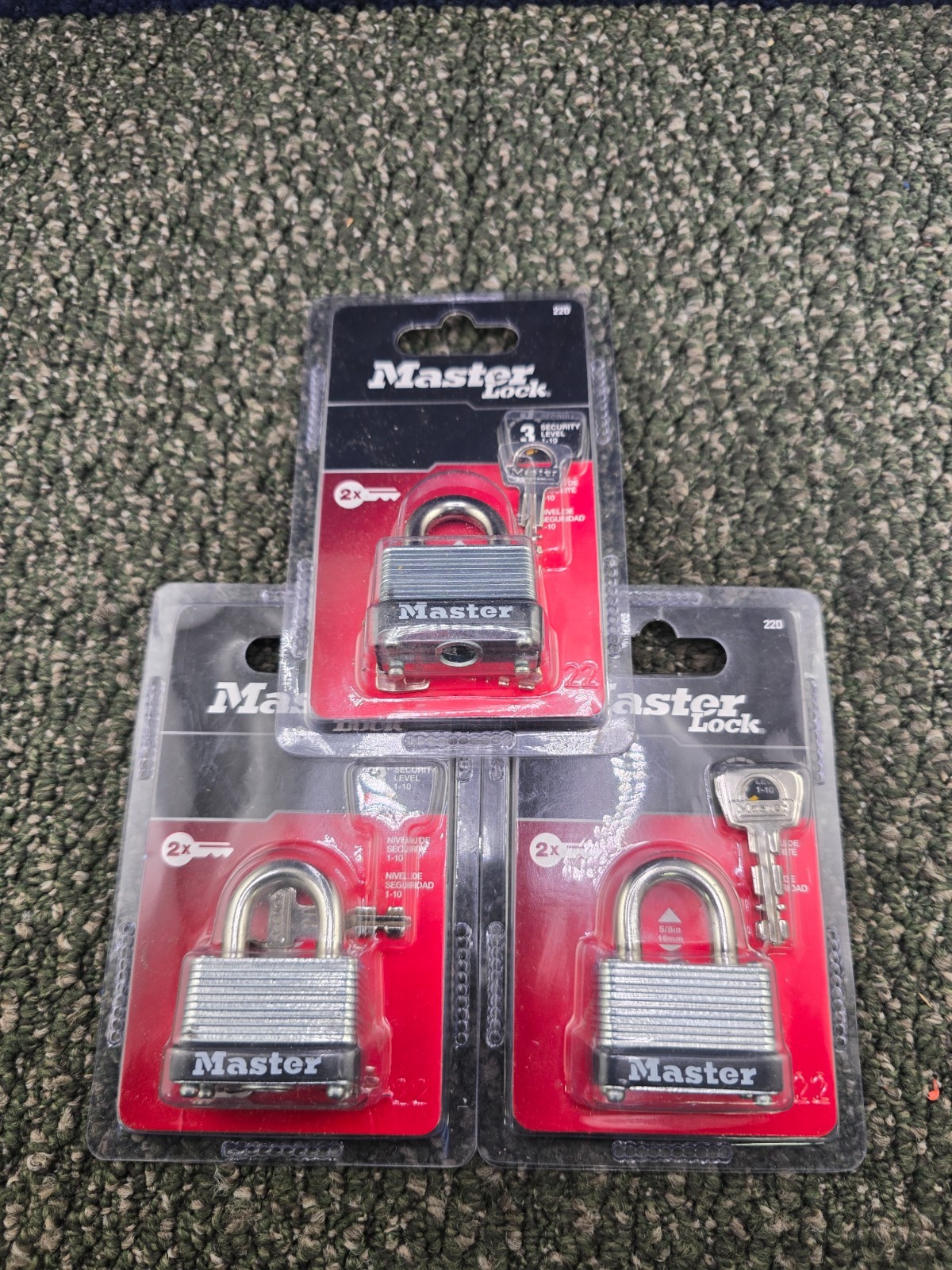 (QTY 3) Master Lock 22D 1-1/2 inch Wide Steel Warded Padlocks - Keyed Different