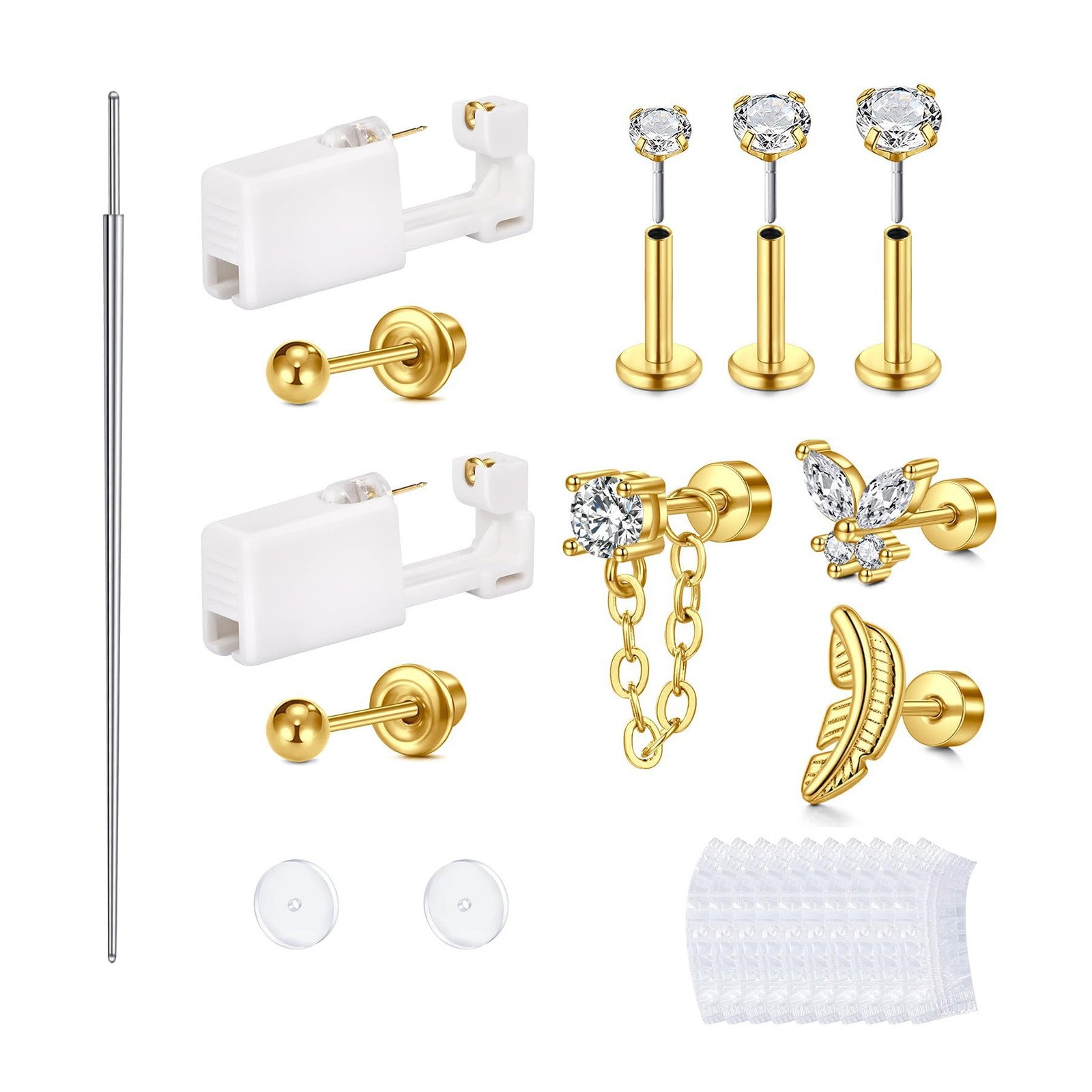 Ear Piercing Kit Gold Ear Piercing Kit Self Piercing Earrings Piercing Kit Di...