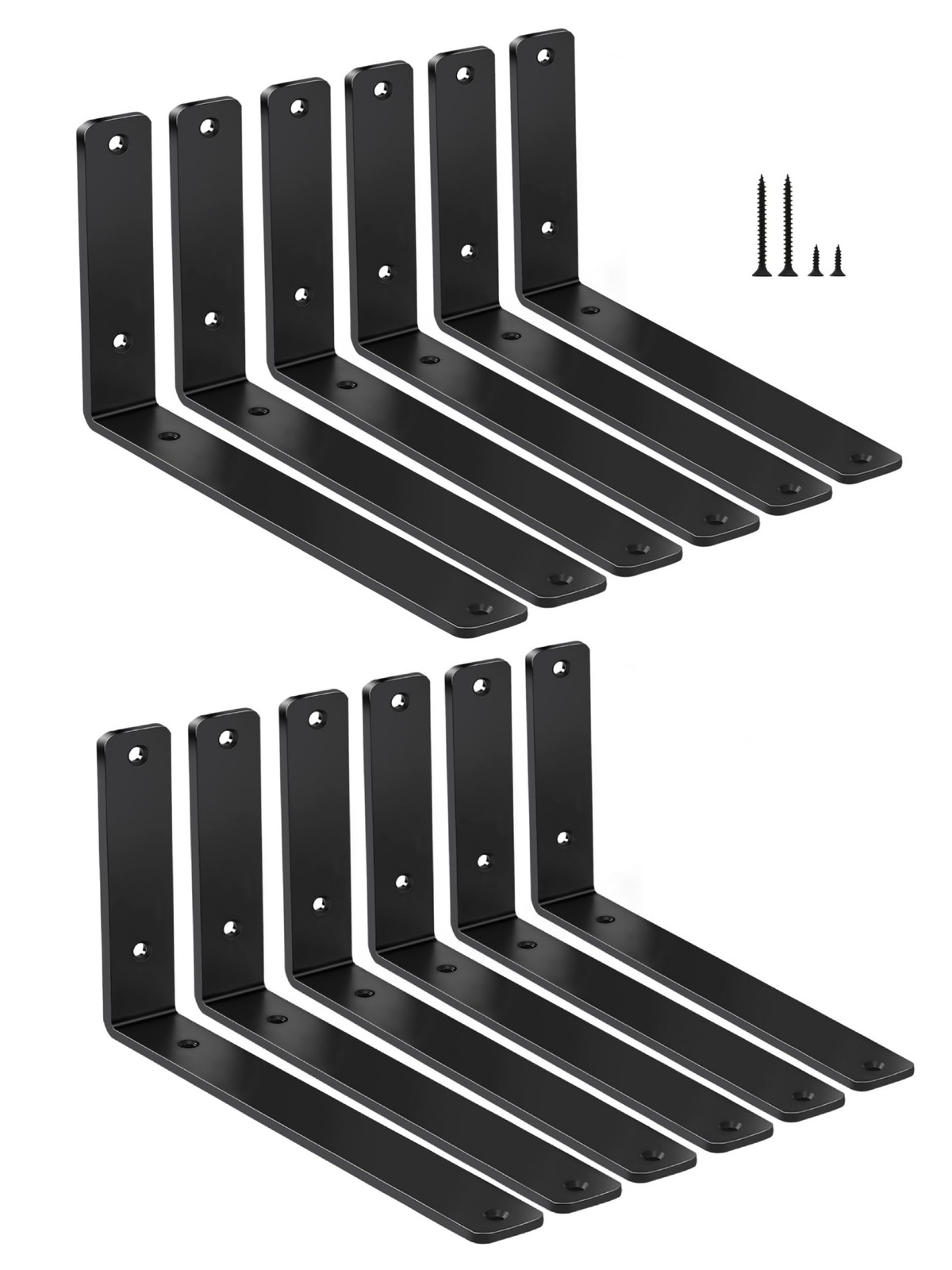 12 Pack - L 10" x H 6" x W1.5, 5mm Thick Black L Shelf Bracket, Iron Shelf Br...
