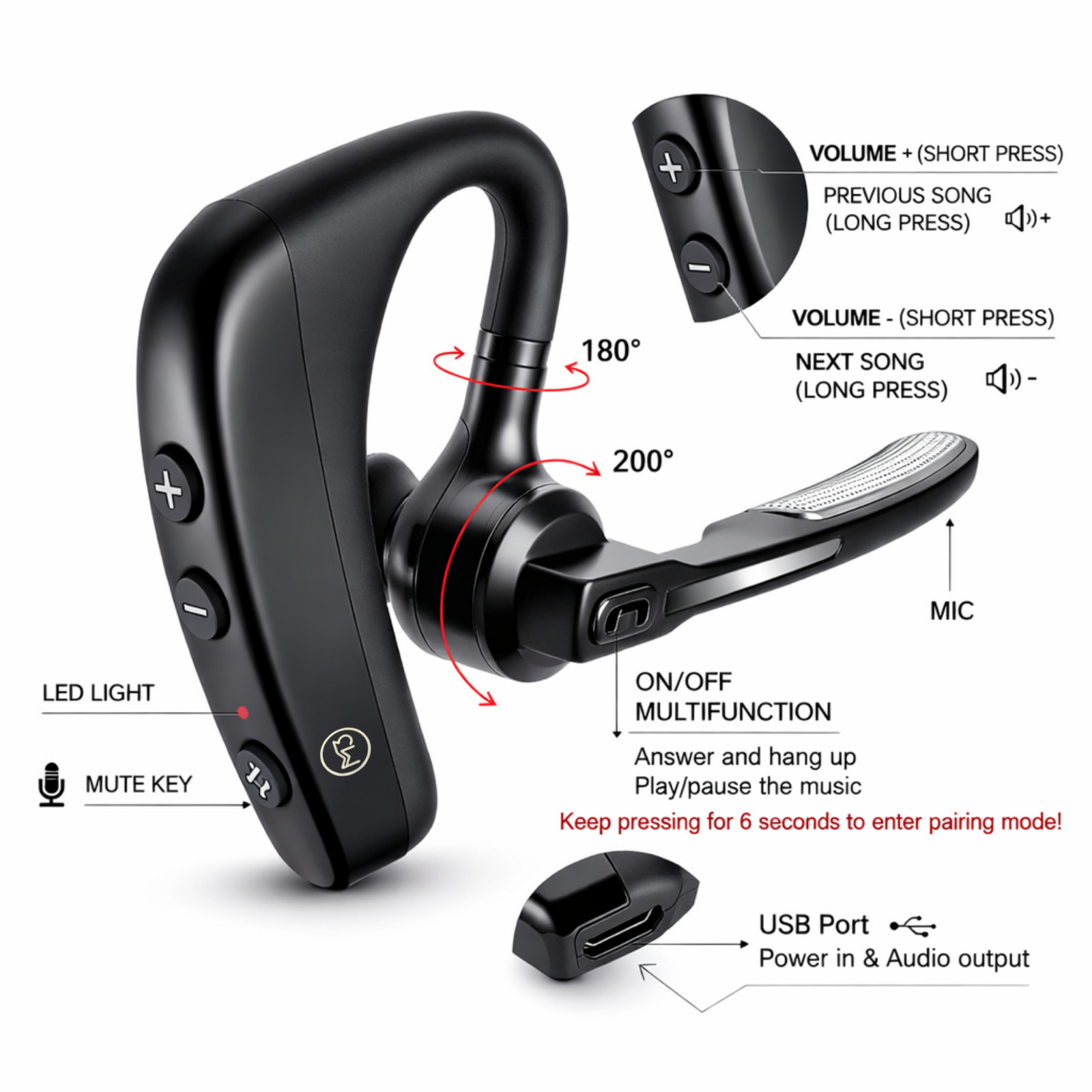 Wireless Mono Bluetooth Headset with Noise Cancelling Mic, 10H Talk Time