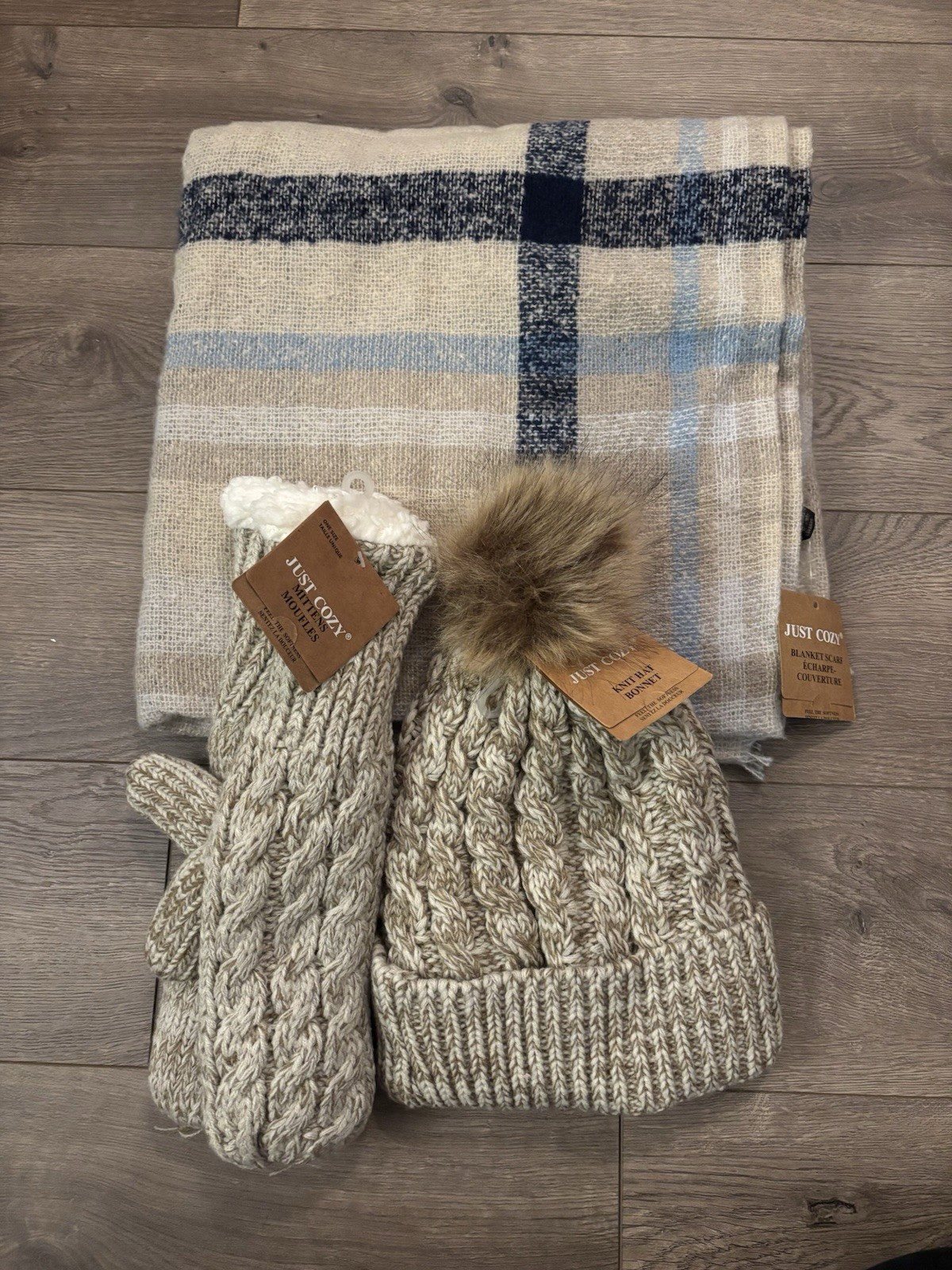 Just Cozy Brown and Cream Knit Scarf, Hat, and Gloves Set