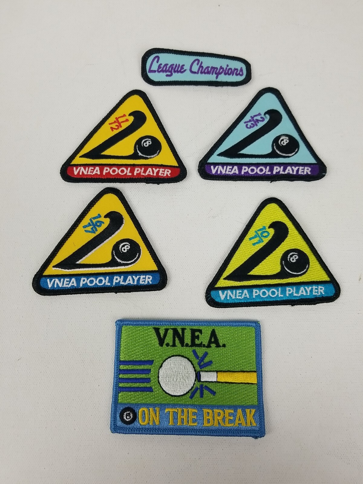 Lot Of 6  VNEA  Pool League Patches Mixed Year On The Break League Champions