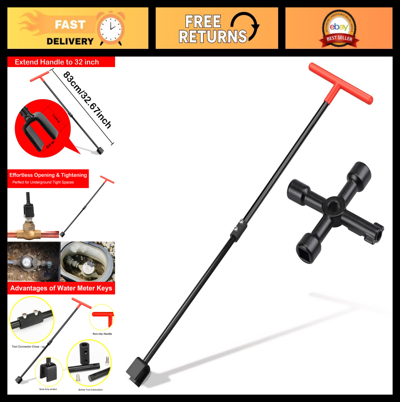 32" Water Meter Key with 4-Way Utility Tool, Steel T-Handle for Shut Off Valve