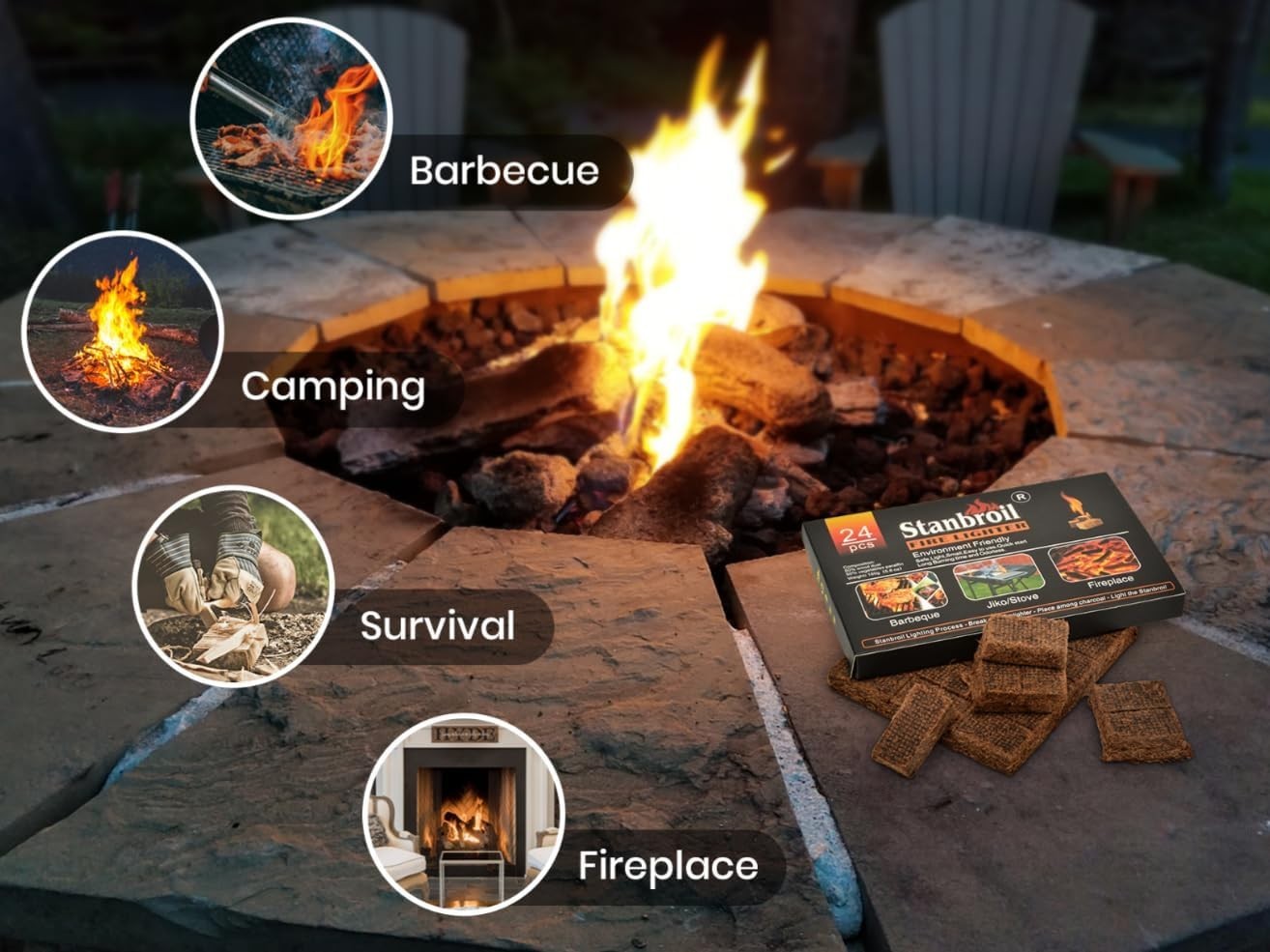 Odorless 24 Pack Fire Starters - Fast Lighting Charcoal for Smokers & Fireplaces
