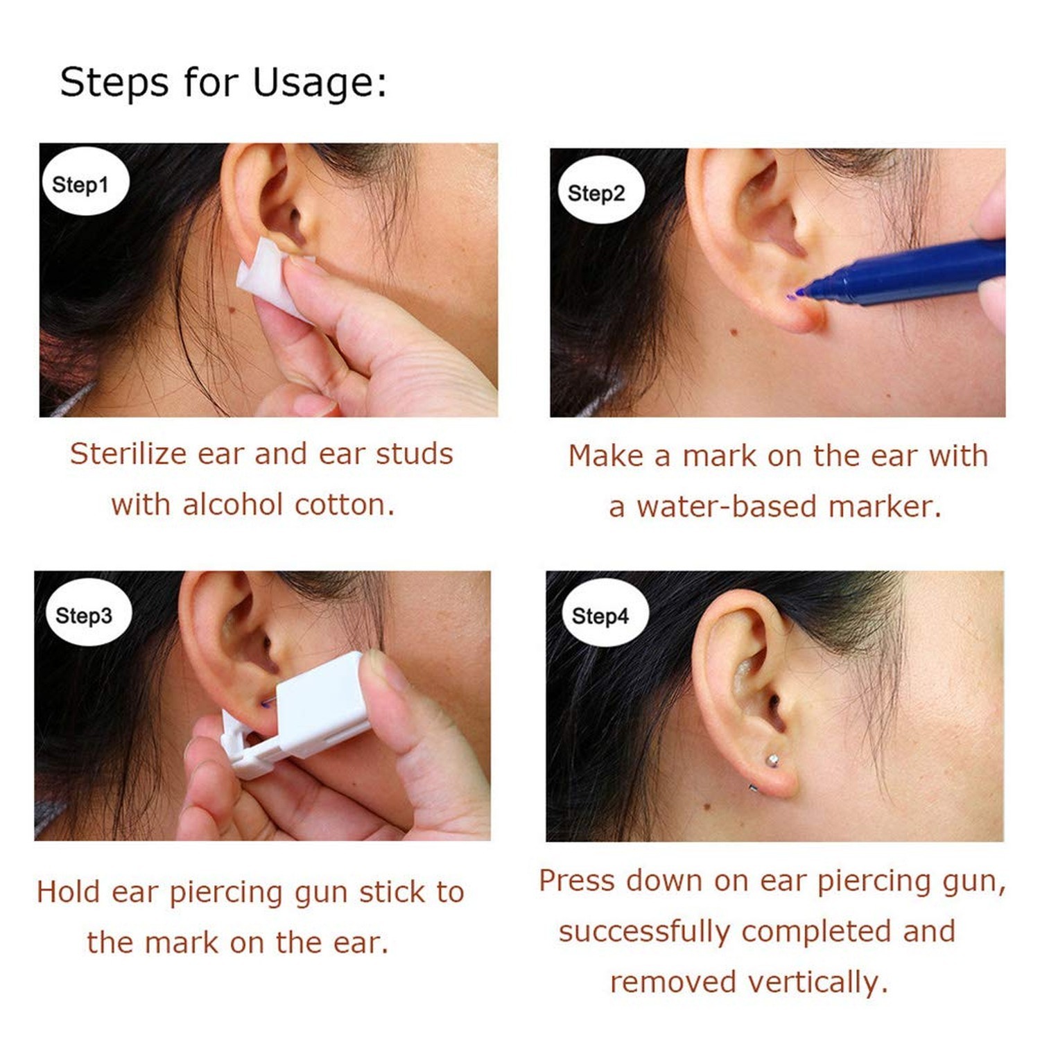 silver angel Self Ear Piercing Gun Disposable Body Piercing Kit With 3mm Ear ...