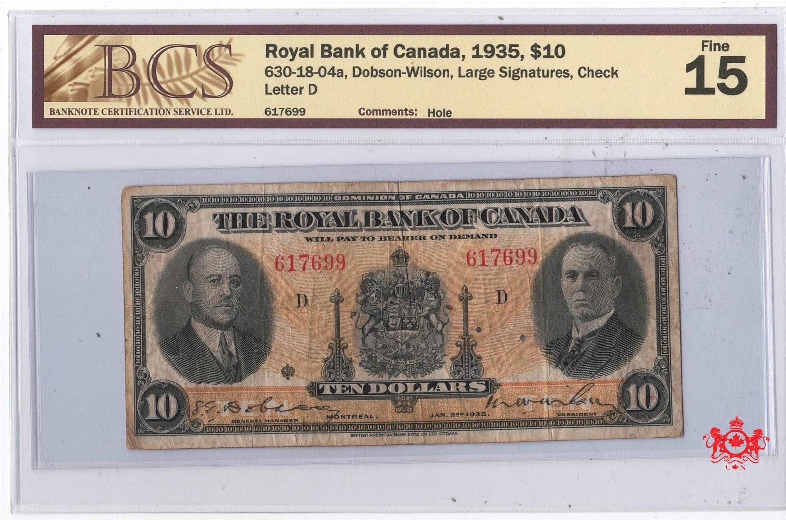 1935 The Royal Bank Of Canada 10$ Large Signature 617699 - BCS F15 -