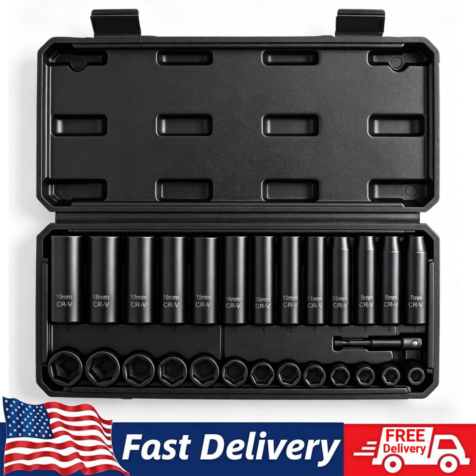27PCS 3/8" Drive Impact Socket Set Deep and Shallow Metric 7-19mm 6 Point + Case