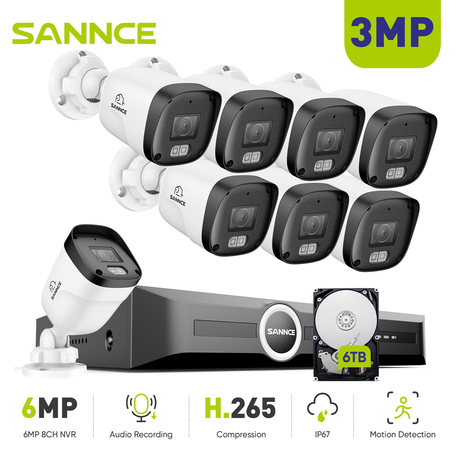 SANNCE 8CH NVR 3MP POE Security Camera System Audio Recording Outdoor IR Night