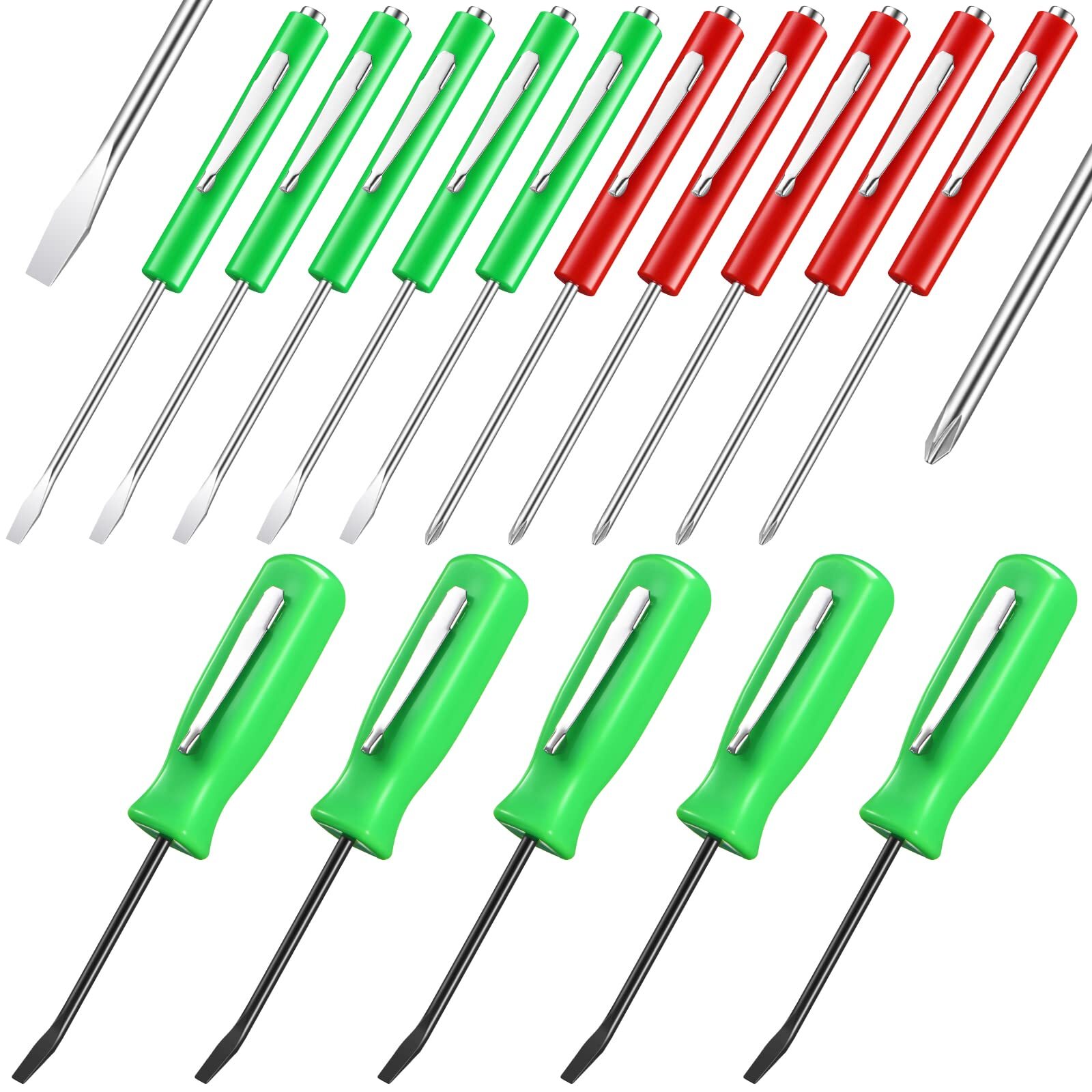 15 Pieces Pocket Screwdriver With Magnet Pocket Clips 2 Ends Mini Top Slotted An