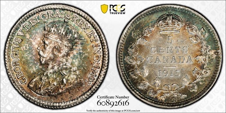 1915 Canada 5 Cents PCGS MS62 Lot#G2358 Silver! Nice UNC! Key Date!