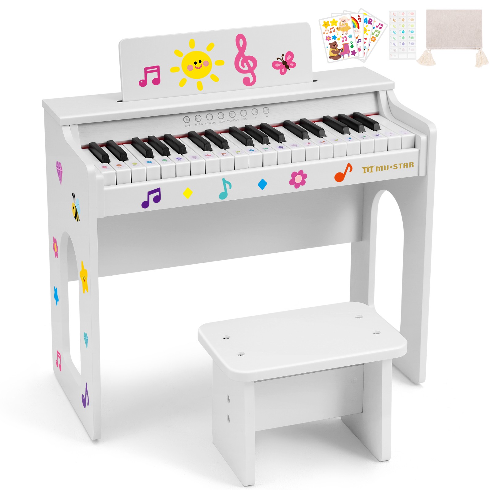 White 37 Keys Kids Digital Piano Keyboard Wood Toys with Bench, Stickers, Cover