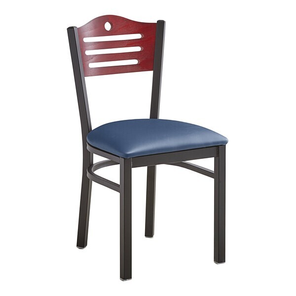 Slat Back Metal Restaurant Chair With Navy Vinyl Seat & Mahogany Wood Back