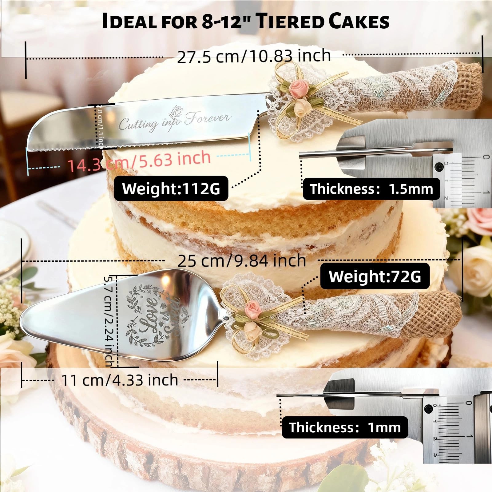 Wedding Cake Knife and Server Set – 10.83" Serrated Knife & 9.84" Server with...