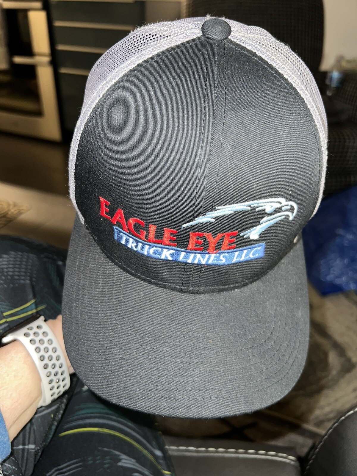 Trucker Hat Black Fabric Gray Mesh Eagle Eye Trucking Lines LLC snapback EUC Adj