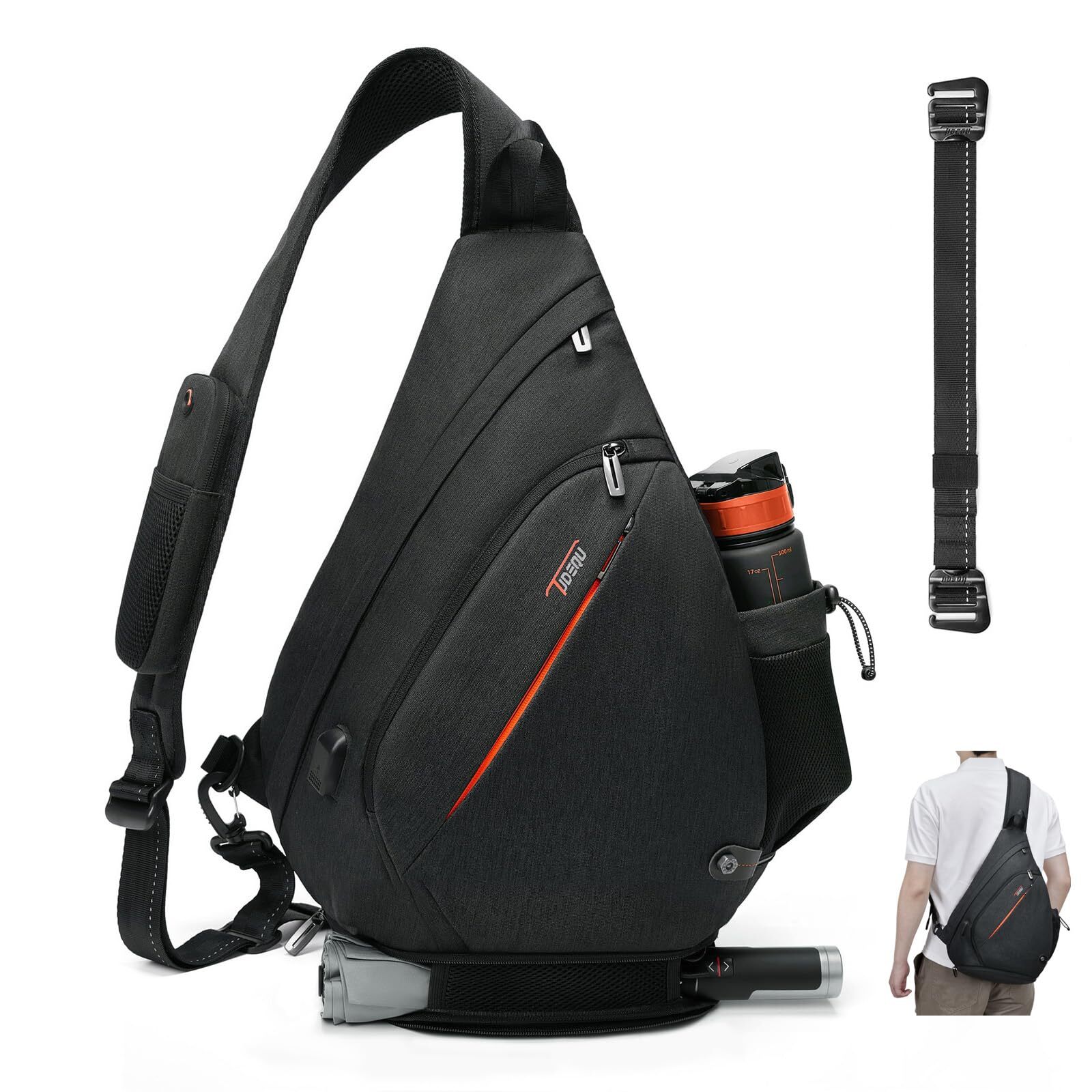 Crossbody Sling Bag for Men 19L Backpack with 8 Pockets Black
