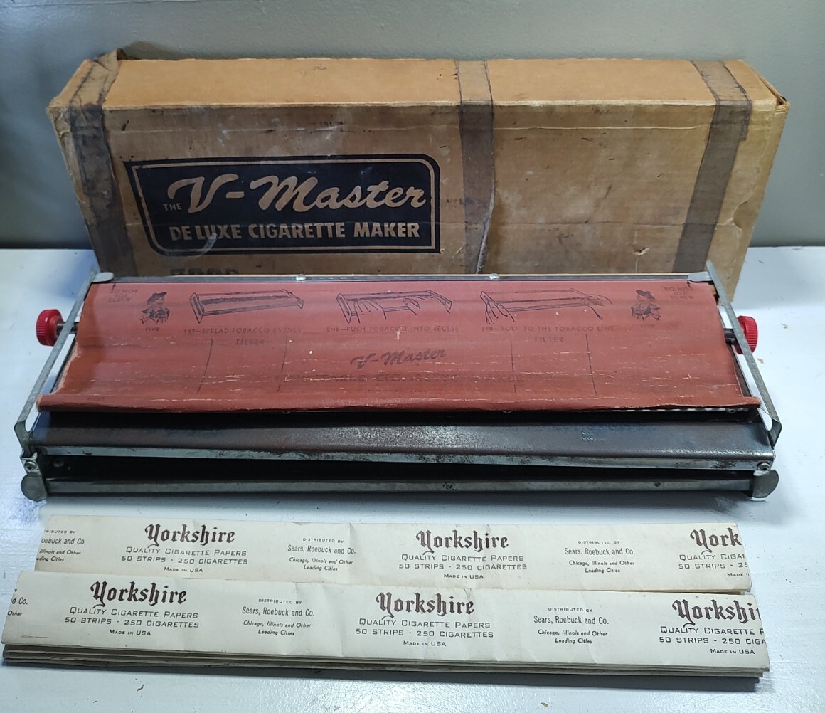 Vintage V-Master Deluxe Cigarette Maker Rolling Machine, Cigarette Papers & Box