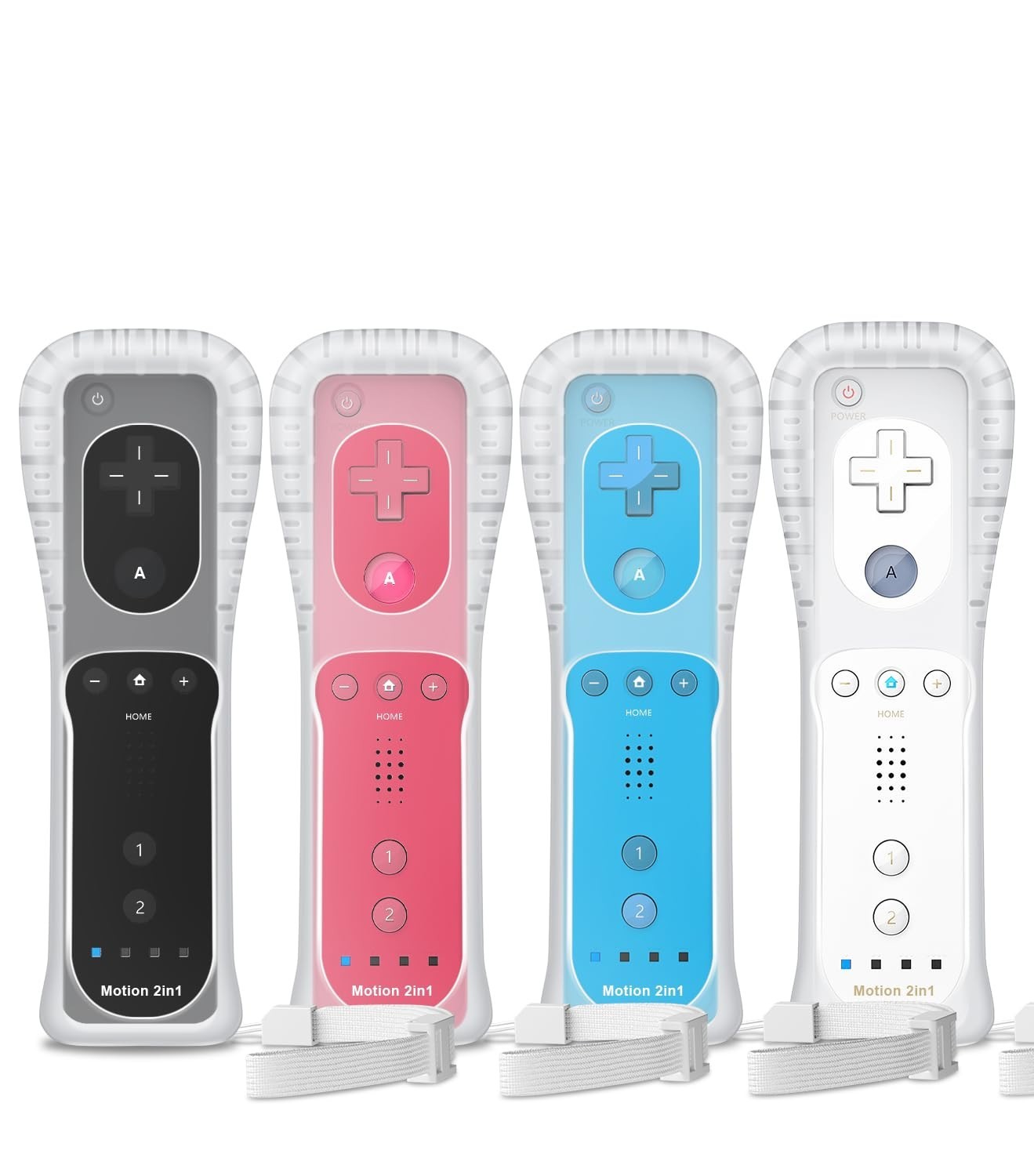 Enhanced Motion Plus Wii Controllers - 4 Color Set with Silicone Covers & Straps
