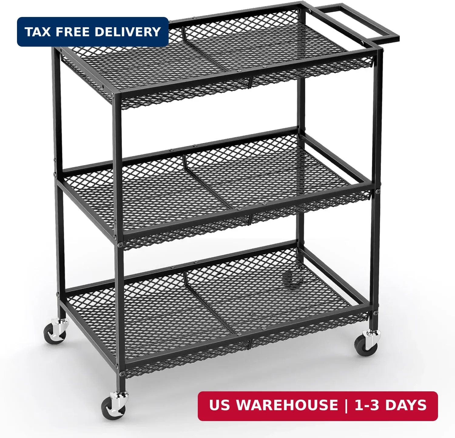 3 Tier Rolling Utility Kitchen Cart, Heavy Duty Wire Rolling Cart on Wheels, Com