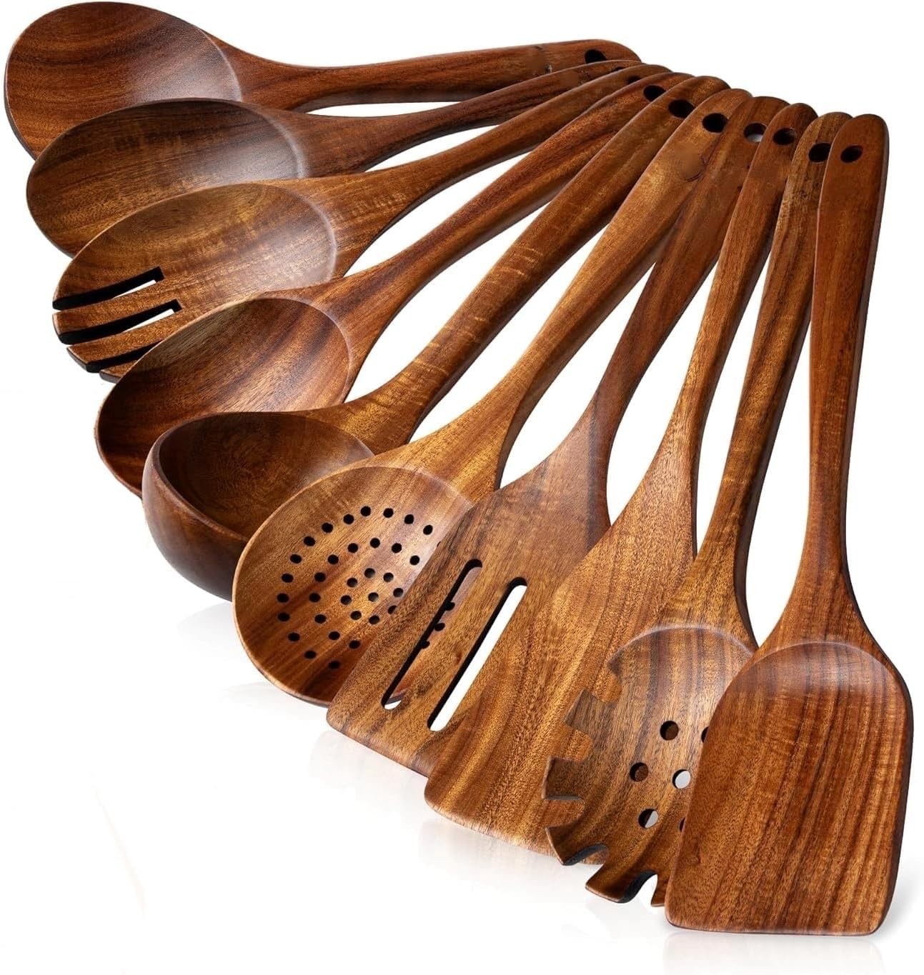 Wooden Spoons for Cooking -10 Pcs Cooking Utensils Set with Smooth Finish,
