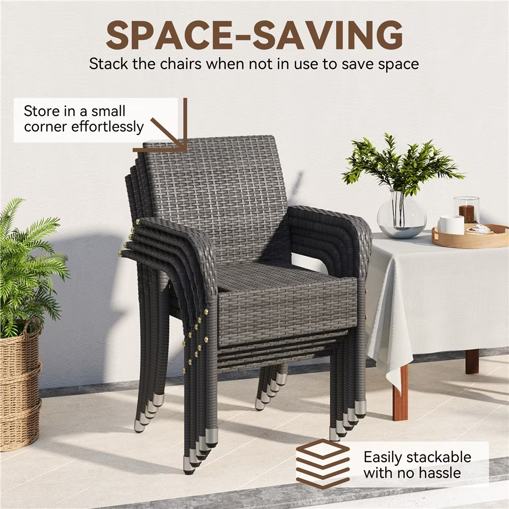 Outdoor PE Rattan Chair with Armrests and Adjustable Footpads, Set of 2, Gray