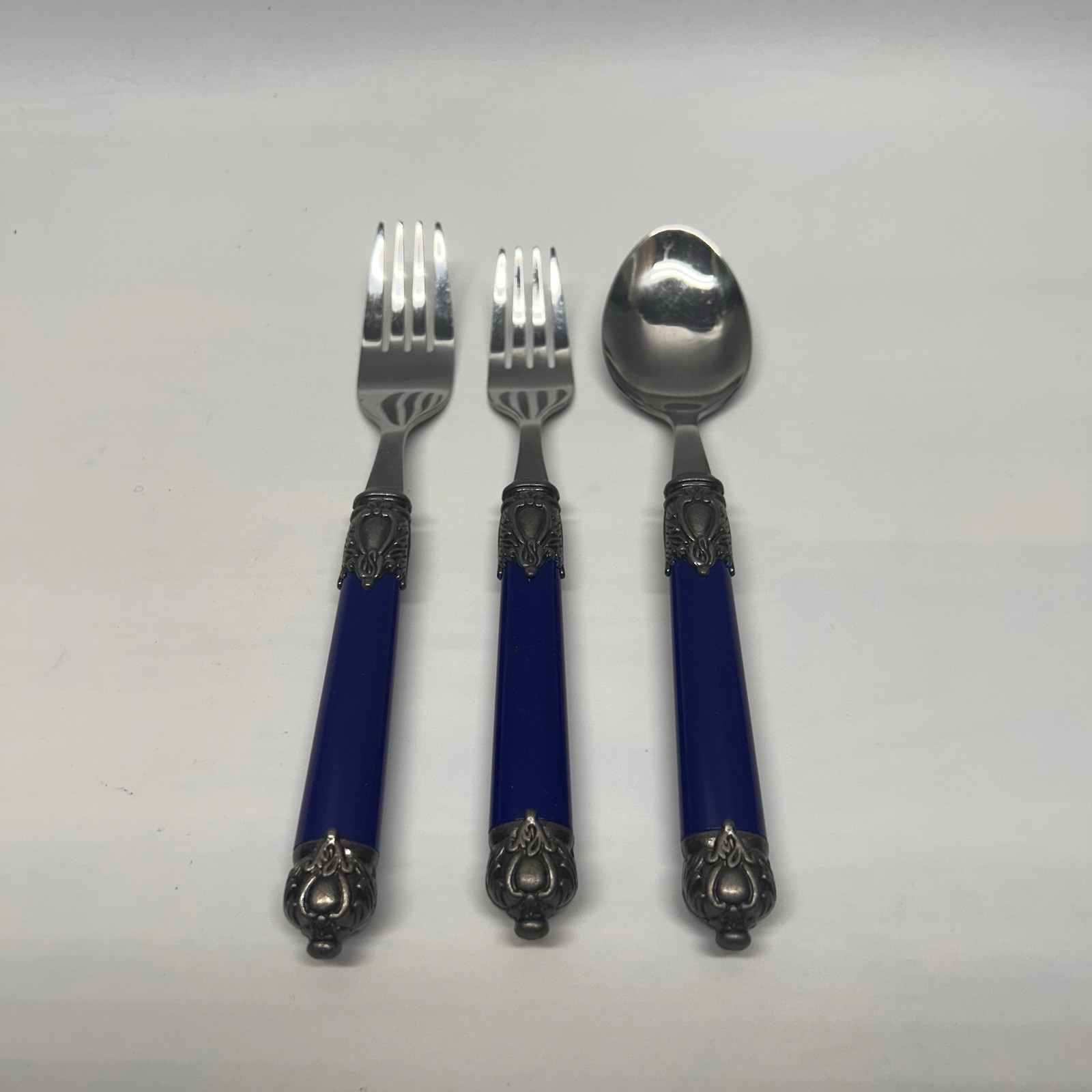 (3) Hampton Forge San Remo Blue Resin Repousse Stainless Flatware Replacement