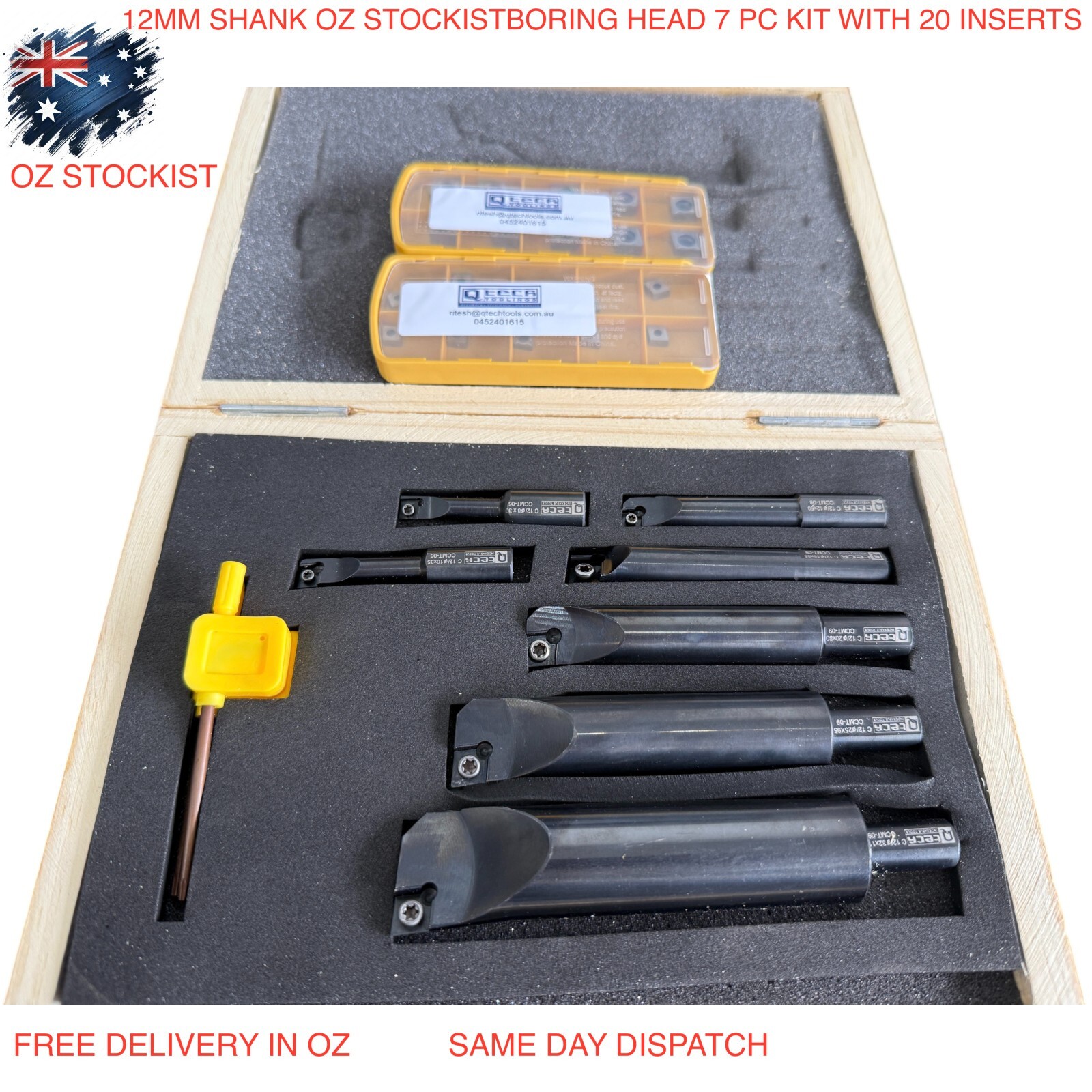 Boring Head Boring Bars (12mm SHANK) 7 Pcs kit with 20 carbide inserts