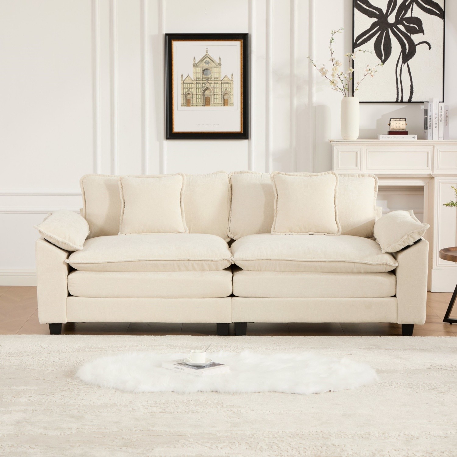 Wide Armrest Modern Chenille Loveseat Sectional Sofa w/ Double Layer Padded Seat