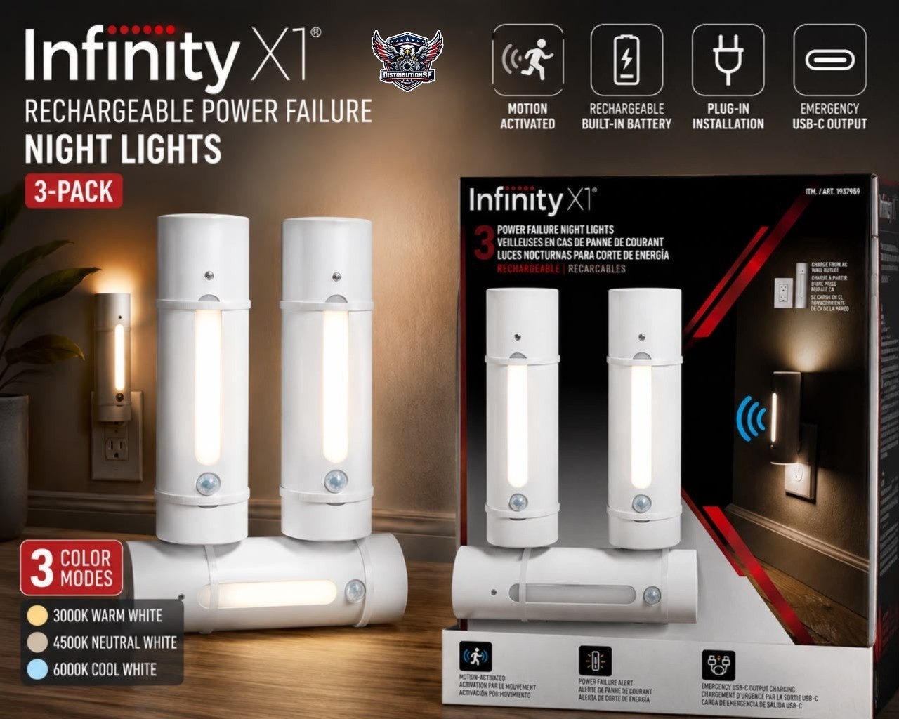 Infinity X1 3-Pack Rechargeable Power Failure Night Lights Motion Sensor USB-C