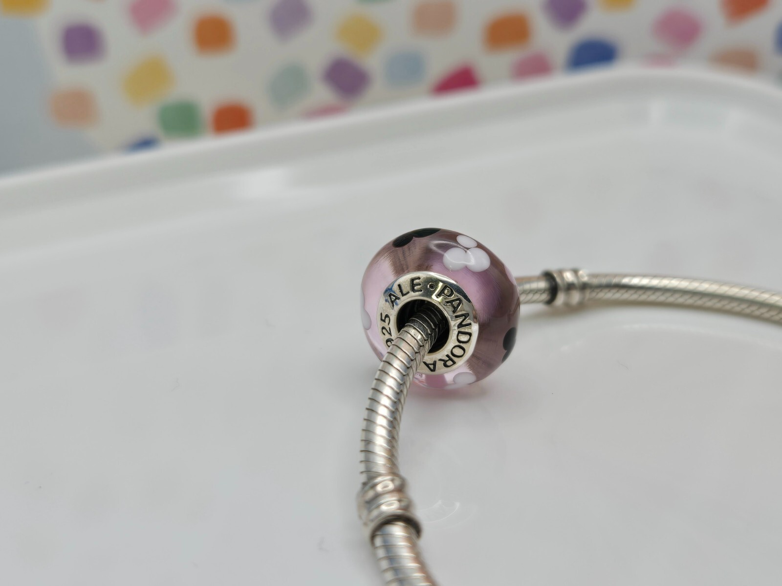Authentic Pandora Disney Mickey Mouse Parks Pink Icon Murano glass Silver Charm