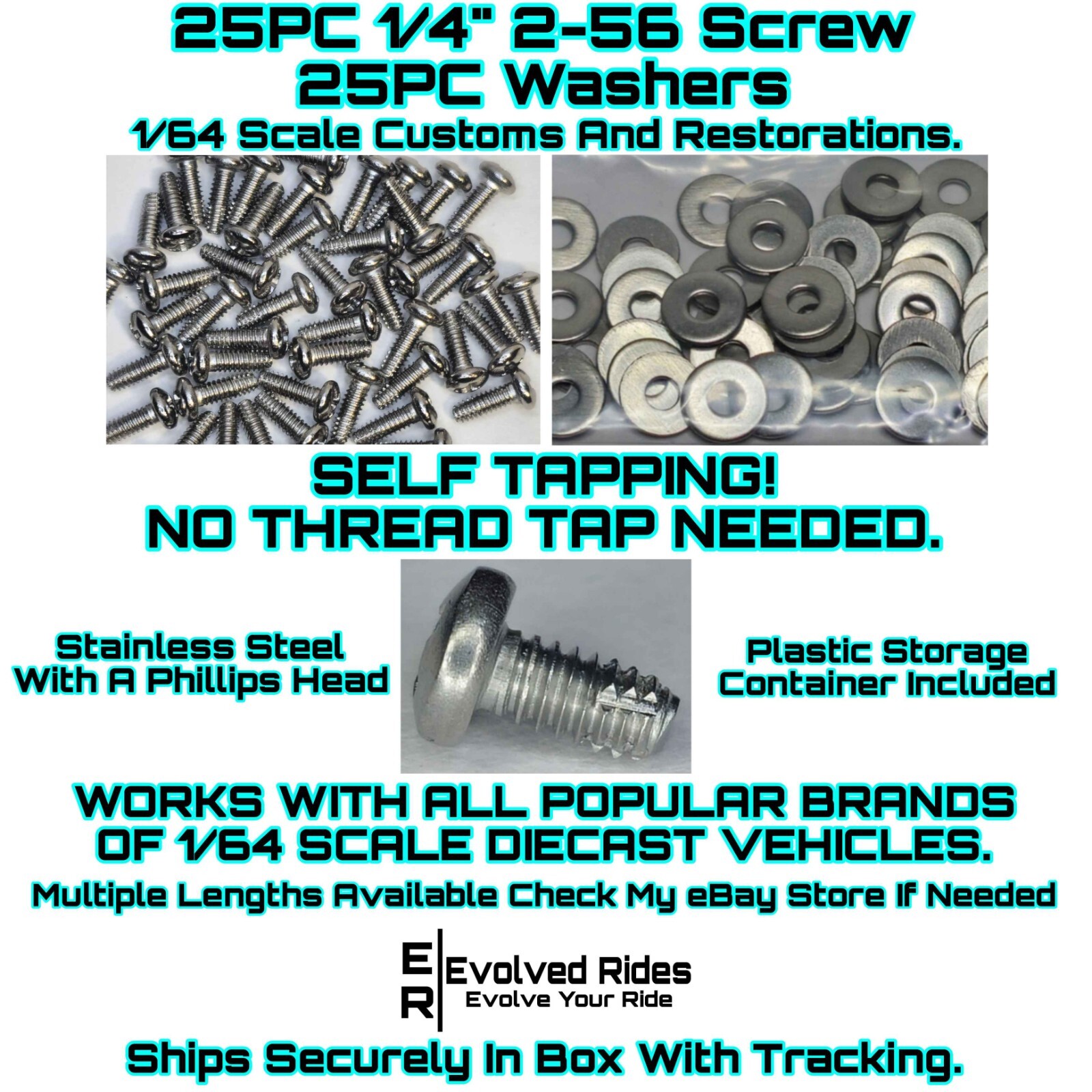 50pc Set 1/4th 2-56 Screw Self Tap FOR 1/64 Scale Customs Restorations Hot Wheel