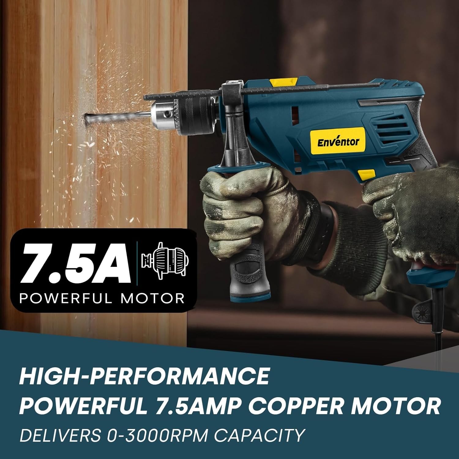 7.5 Amp Electric Hammer Drill with 2-in-1 Function, 900W, 360° Handle & 9 Bits