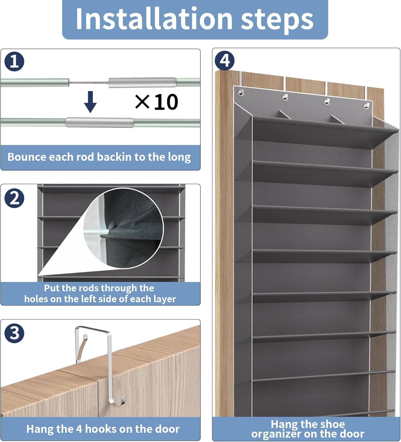 30 Pairs Over The Door Shoe Organizer, 10-Tier Hanging Shoe Rack with Deep Pocke
