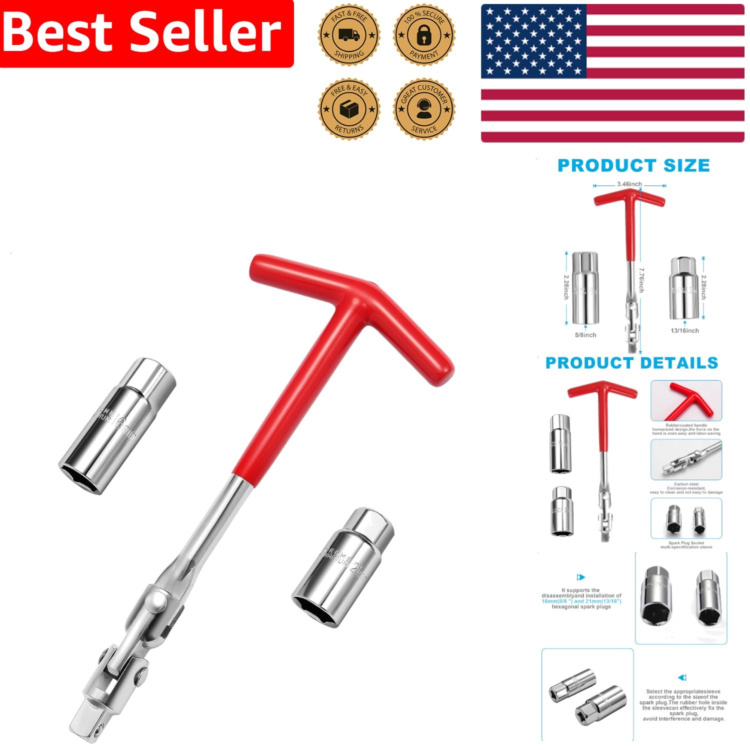 Spark Plug Tool Set 3pc T-Handle Remover Installer 5/8 13/16 Universal Car Mo...
