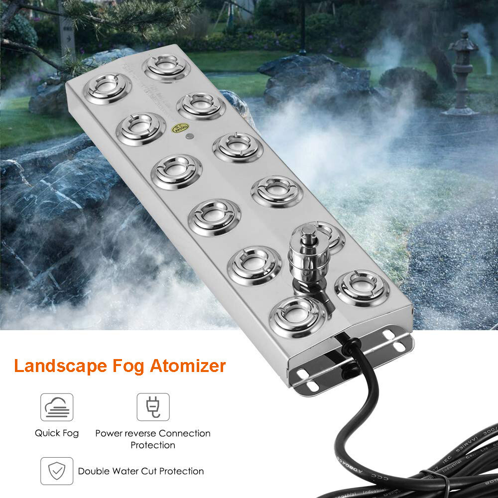 12 Head Ultrasonic Mist Maker Pond Fogger Machine for Hydroponics Landscape 110V