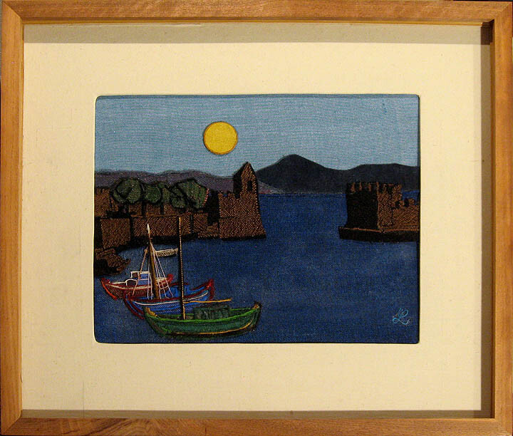 Lilly Kristensen LITTLE HARBOR, NAIPAKTOS Original Wool Collage Art, Greece OBO!